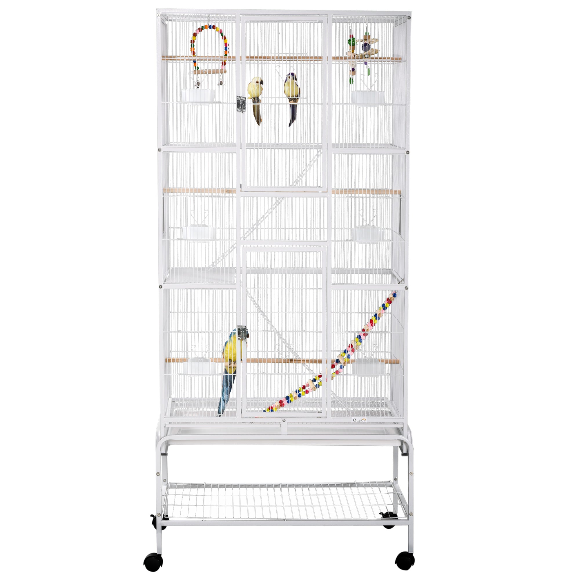Large Bird Cage Budgie Cage 3 Tier Aviary with Stand Wheels, Toys, Ladders, Shelf for Canaries, Finches, Cockatiels, Parakeets - White