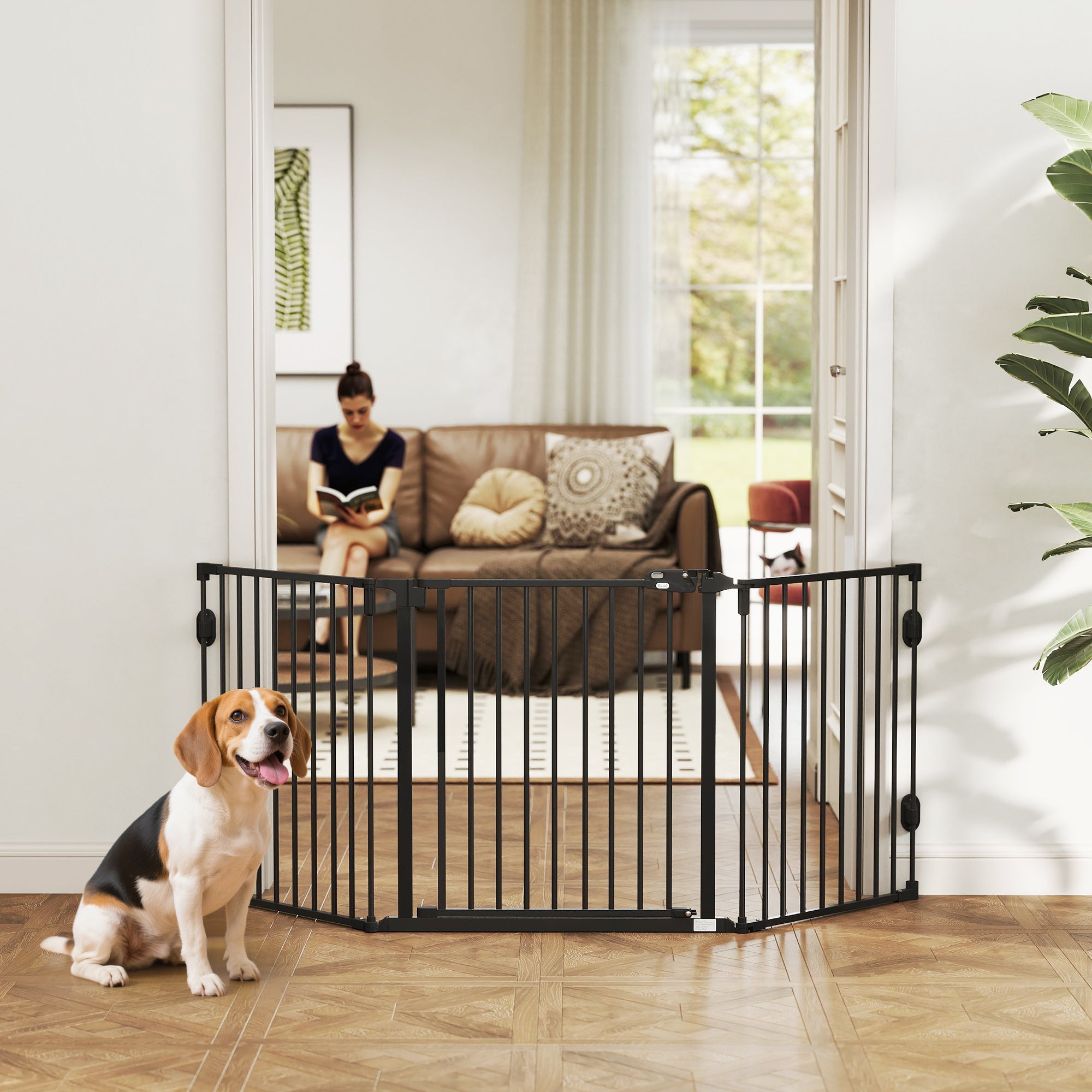 Foldable Dog Gate with Door, 3 Panel Metal Pet Gate for Stairs, Doorways, Hallways and Fireplace, Auto-Close Safety Gate, 202.5 x 76 cm, Black
