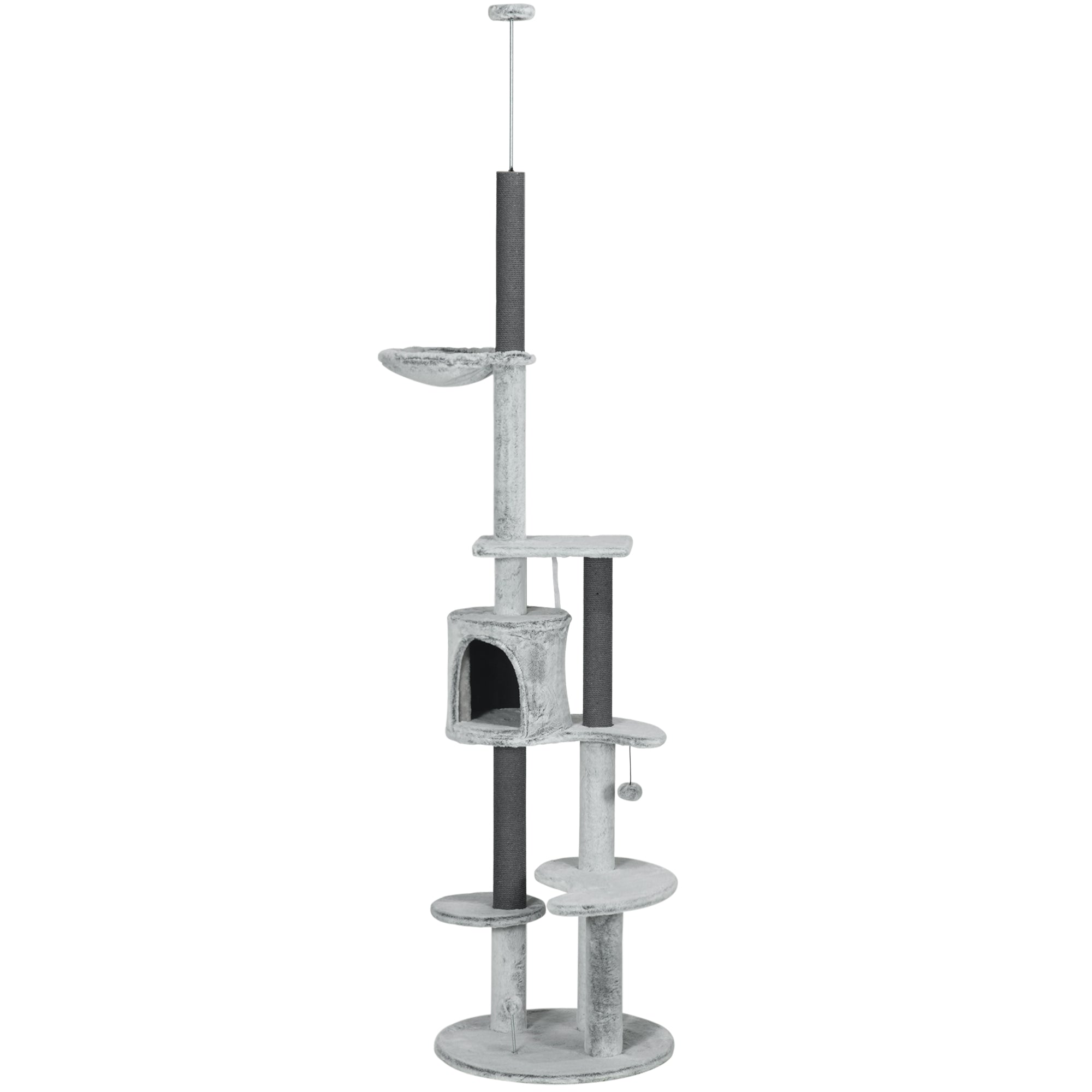 255cm Floor to Ceiling Cat Tree with Scratching Posts, Height Adjustable Cat Tower with Hammock, House, Anti-tipping Kit, Perches, Toys, Grey