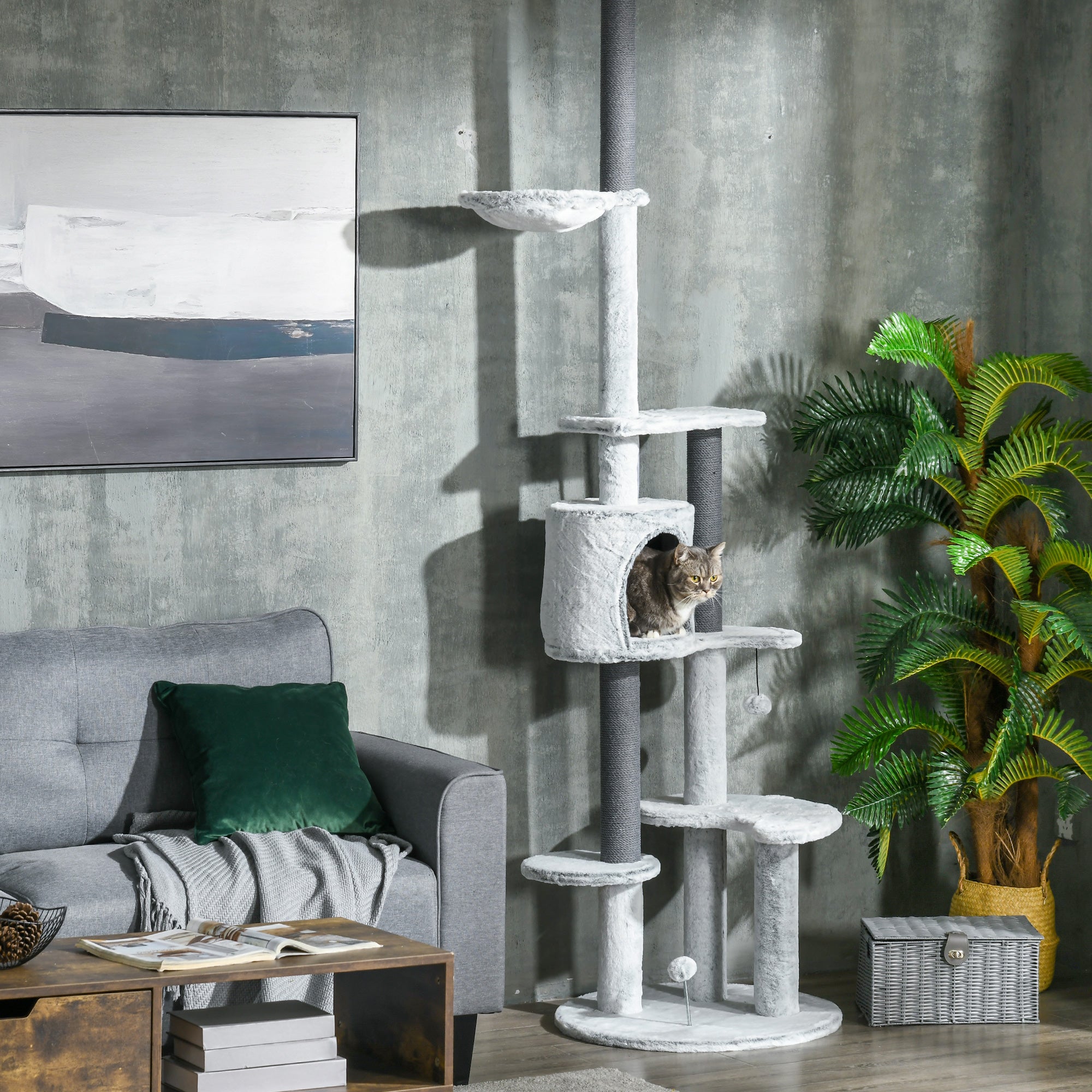 255cm Floor to Ceiling Cat Tree with Scratching Posts, Height Adjustable Cat Tower with Hammock, House, Anti-tipping Kit, Perches, Toys, Grey