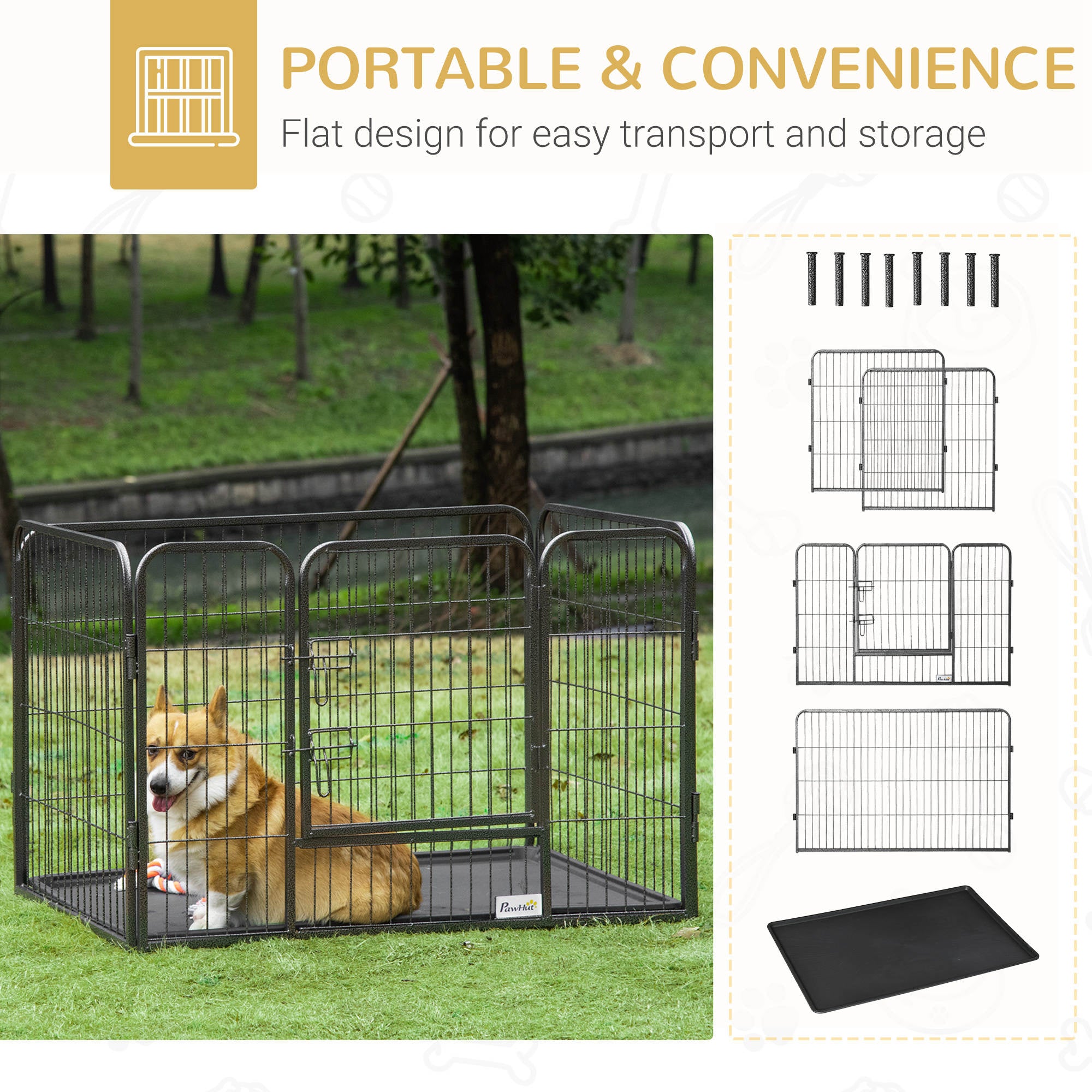 4 Panels Dog Playpen, Heavy Duty Dog Fence, 28" H Portable Pet Playpen with Door Double Locking Latches, No Leaking Tray for Indoor Outdoor Backyard Garden, Grey