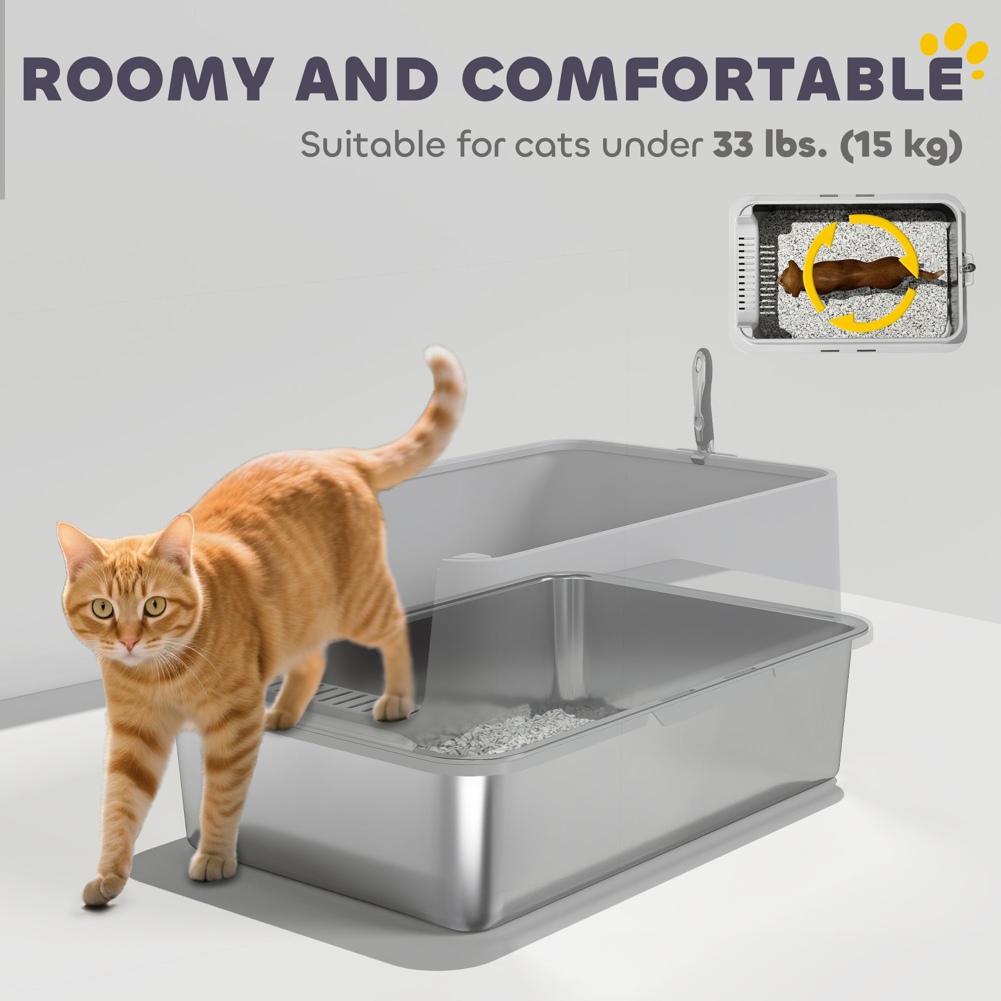 Stainless Steel Cat Litter Box, XL Kitty Litter Box for Big and Multiple Cats with High Wall Side, Scoop, Anti-Leakage, Easy Cleaning & Odor Free
