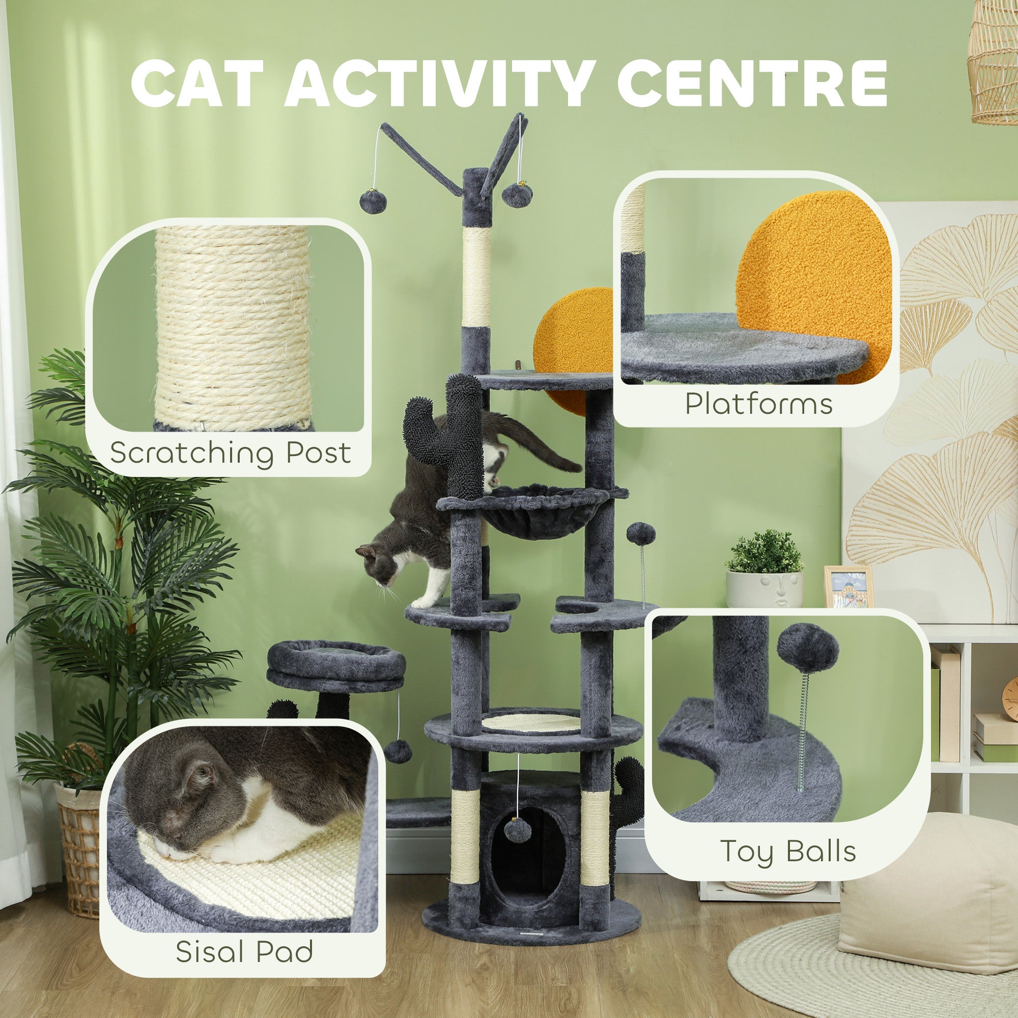 71" Tall Cat Tree, Multi-Level Cat Tower for Indoor, Corner DIY Design with Scratching Posts, Sisal Pad, Condo, Bed, Hammock, Platforms, Balls, Activity Center, Dark Grey
