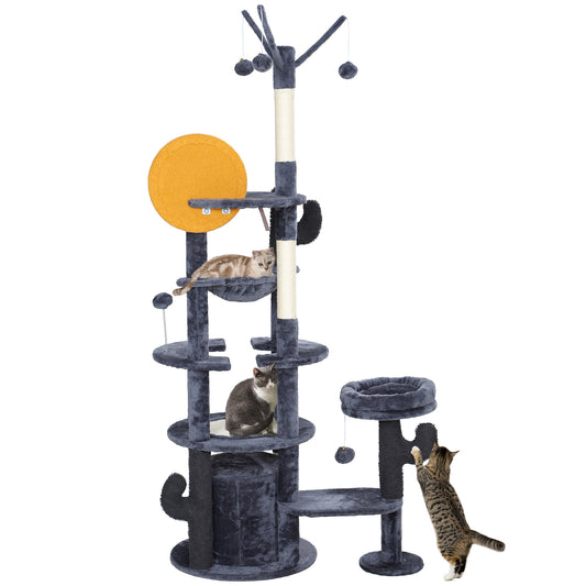 71" Tall Cat Tree, Multi-Level Cat Tower for Indoor, Corner DIY Design with Scratching Posts, Sisal Pad, Condo, Bed, Hammock, Platforms, Balls, Activity Center, Dark Grey