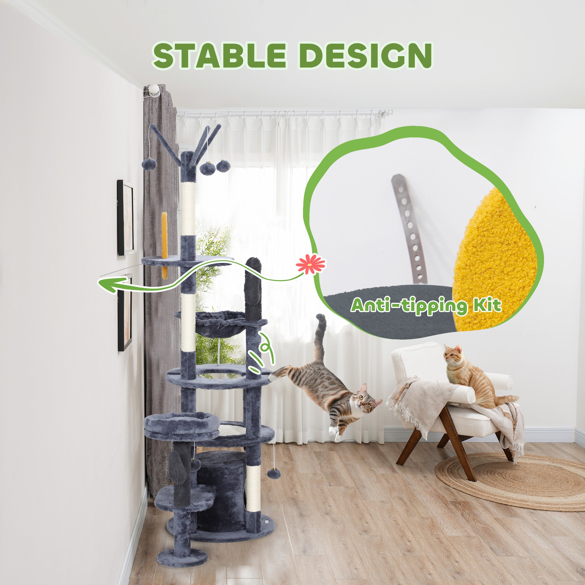 71" Tall Cat Tree, Multi-Level Cat Tower for Indoor, Corner DIY Design with Scratching Posts, Sisal Pad, Condo, Bed, Hammock, Platforms, Balls, Activity Center, Dark Grey