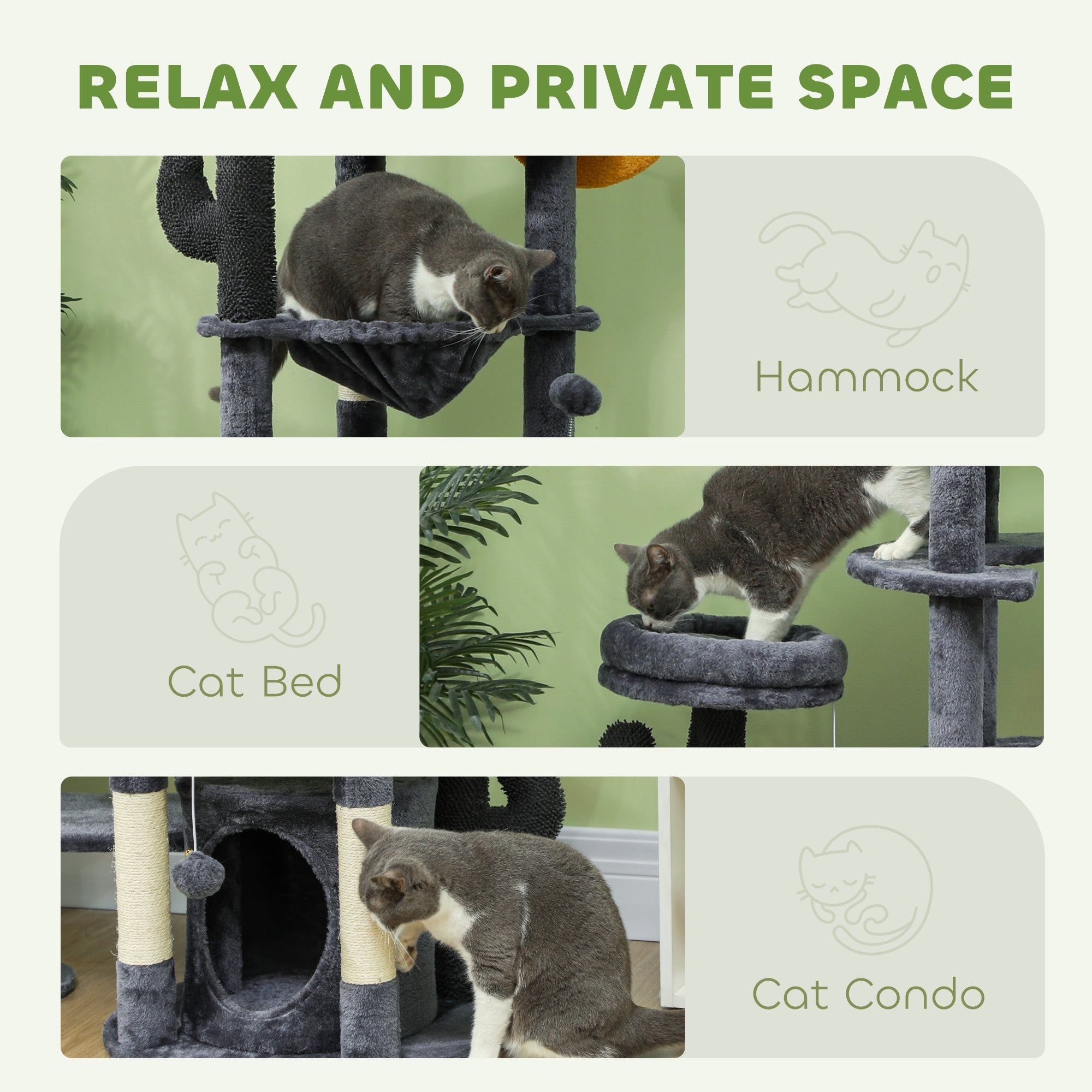 71" Tall Cat Tree, Multi-Level Cat Tower for Indoor, Corner DIY Design with Scratching Posts, Sisal Pad, Condo, Bed, Hammock, Platforms, Balls, Activity Center, Dark Grey