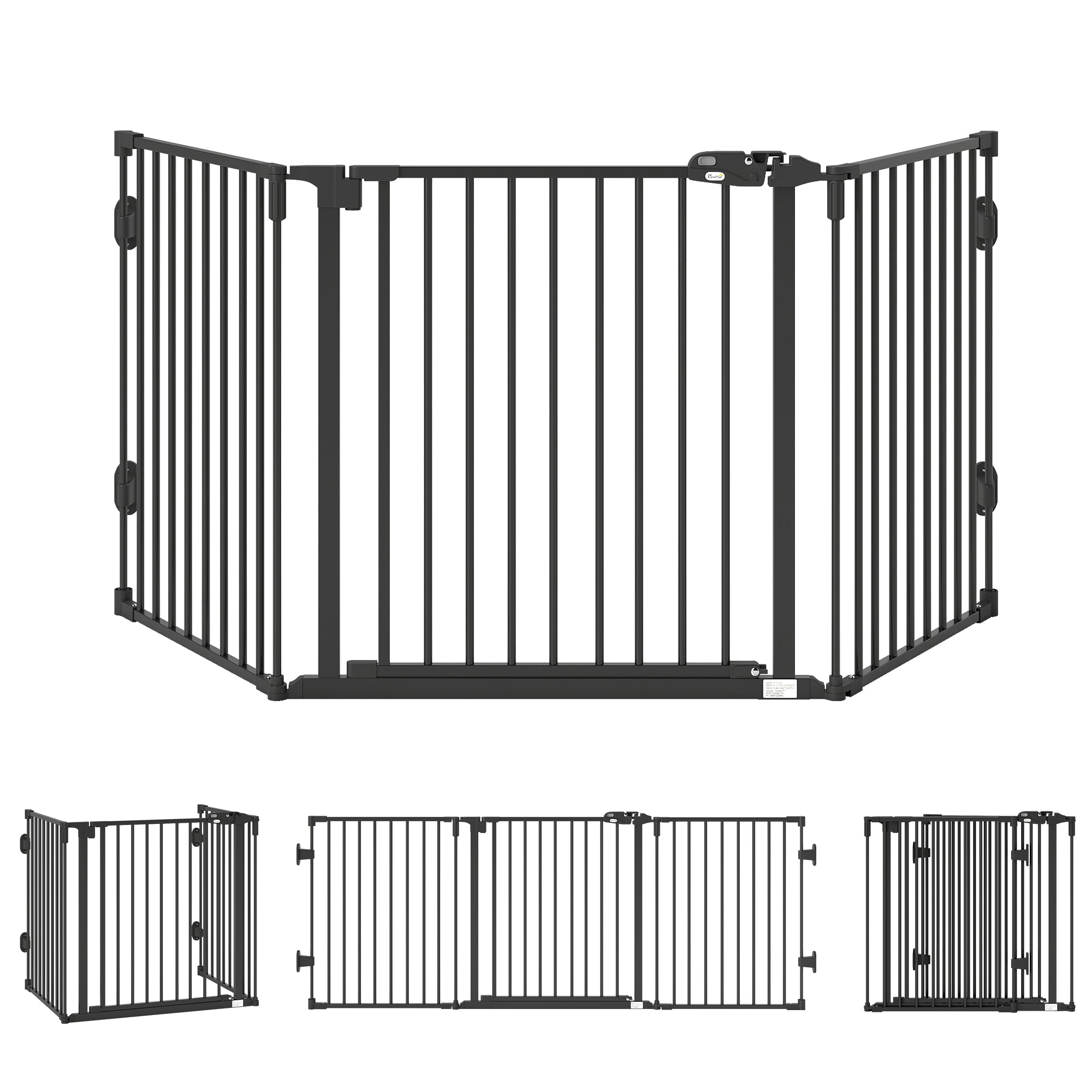 Foldable Dog Gate with Door, 3 Panel Metal Pet Gate for Stairs, Doorways, Hallways and Fireplace, Auto-Close Safety Gate, 202.5 x 76 cm, Black