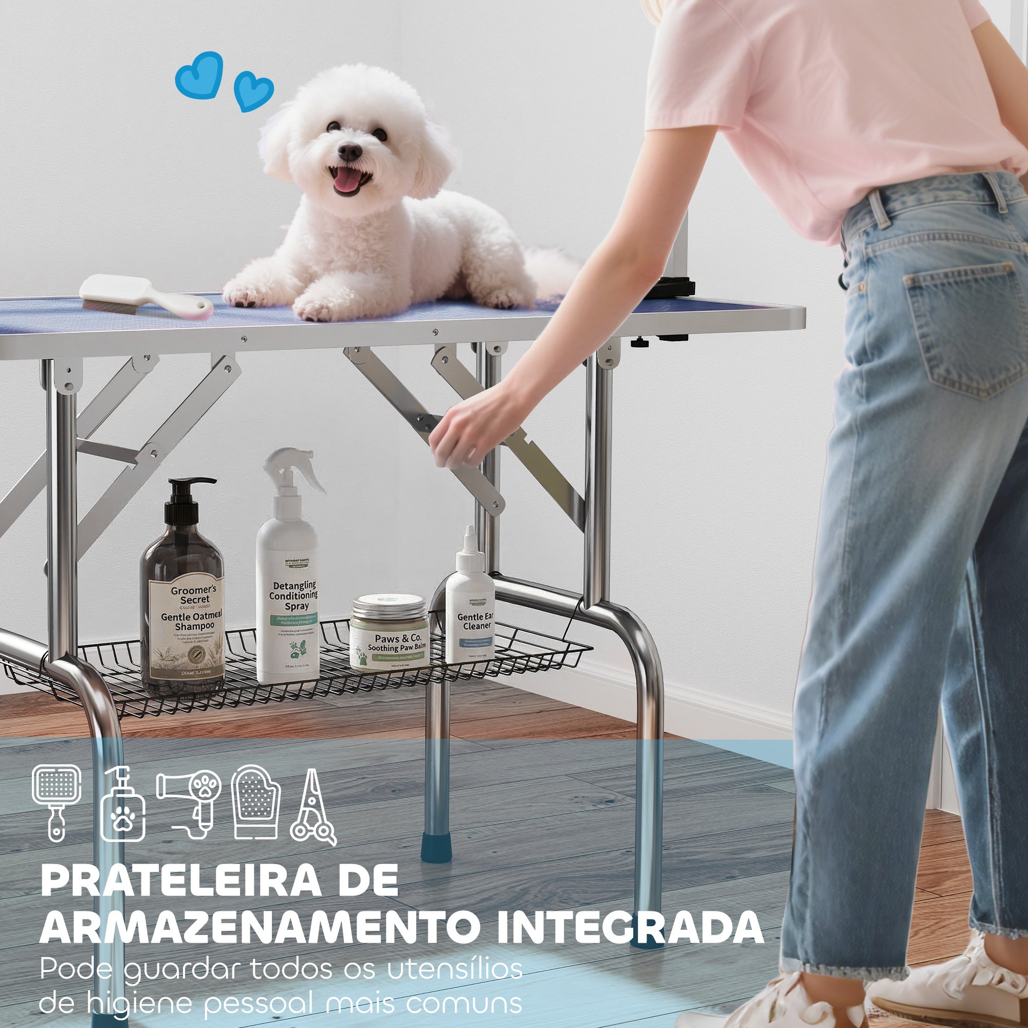 43"L Dog Grooming Table, Pet Foldable Grooming Table with 8"- 32" Adjustable Arm, Two Nooses, Mesh Tray and Rubber Top for Large Medium Small Pets, Blue