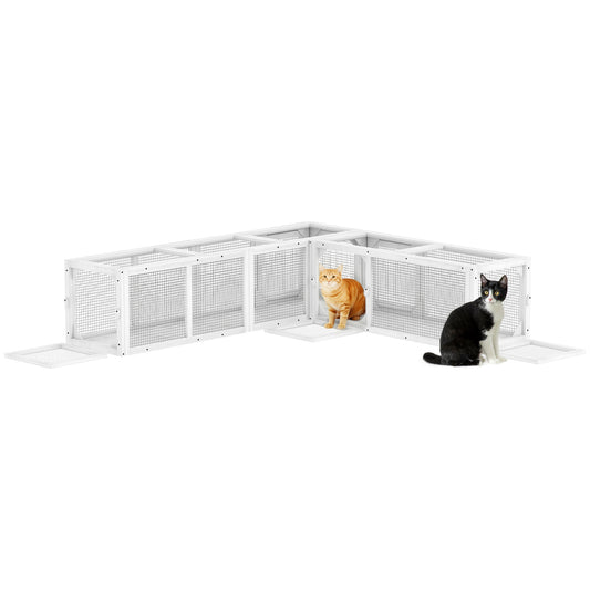 Cat Tunnel Outdoor, Wooden Cat Tube with Combinable Design, 8 Doors, 98" Kitty Toys for Puppy, Pet, House, Window, Cage, White