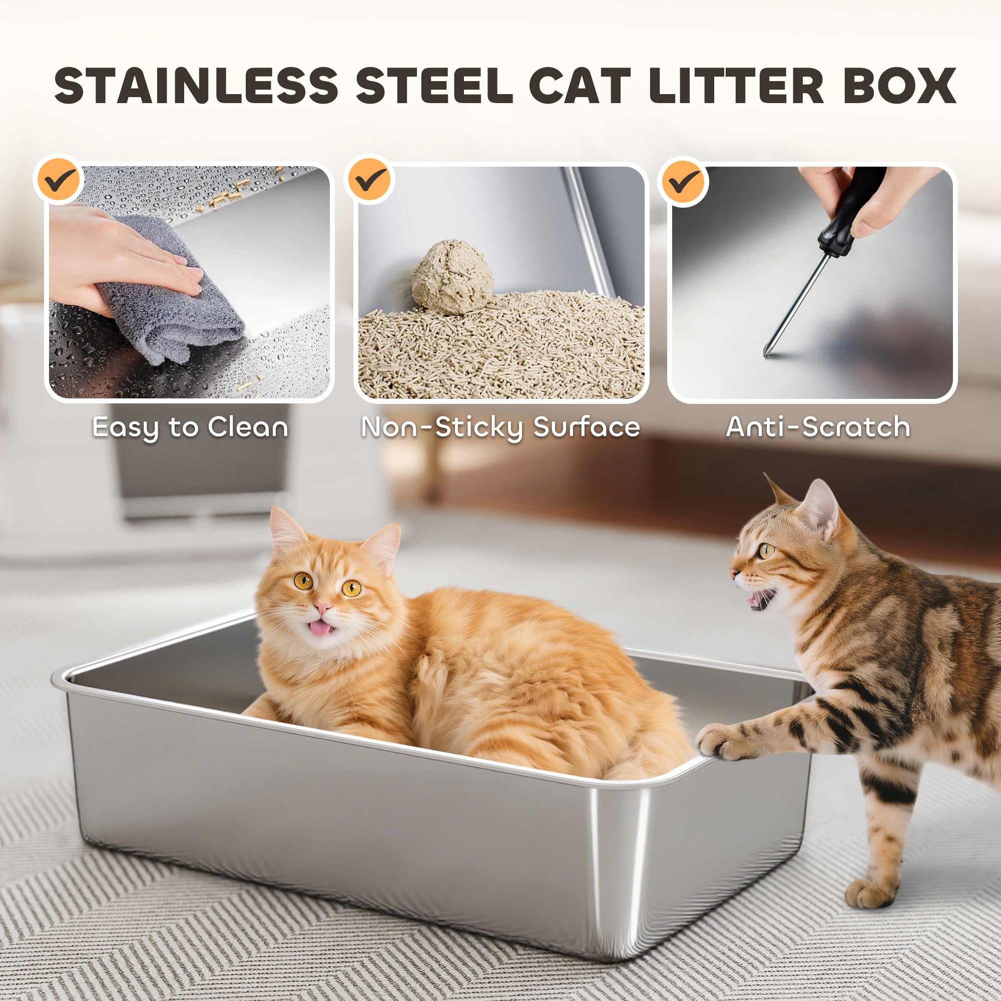 Stainless Steel Litter Box with Lid, 100° Flip Top XL Enclosed Litter Box with Scoop for Big Cats, Side Top Dual Entry, Odor Free, Easy Cleaning, Anti-Urine Leakage