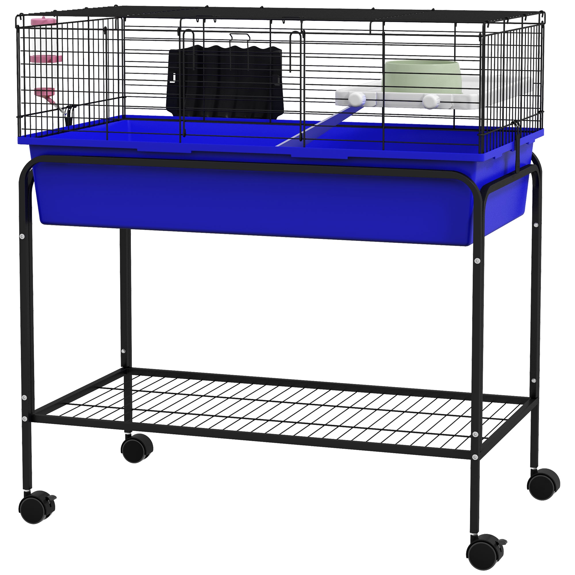 PawHut Two- Story Small Animal Cage Removable from Stand, Guinea Pig Cage, Hedgehog Cage, Chinchilla Cage, Ferret, with Shelf & Wheels, Pet Habitat, 33" x 18.5" x 35" , Blue