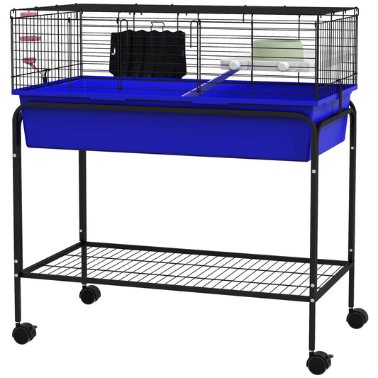 PawHut Two- Story Small Animal Cage Removable from Stand, Guinea Pig Cage, Hedgehog Cage, Chinchilla Cage, Ferret, with Shelf & Wheels, Pet Habitat, 33" x 18.5" x 35" , Blue