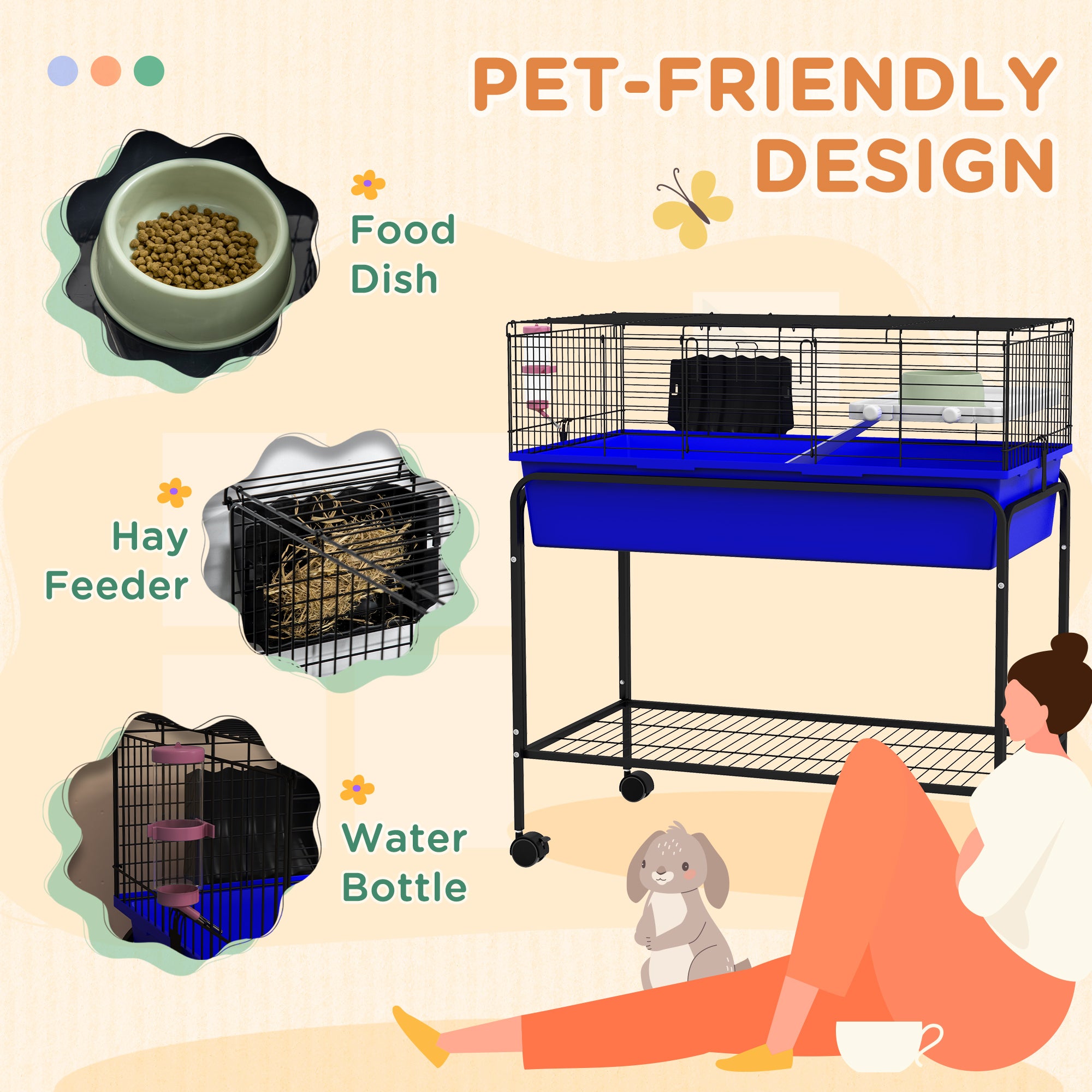 PawHut Two- Story Small Animal Cage Removable from Stand, Guinea Pig Cage, Hedgehog Cage, Chinchilla Cage, Ferret, with Shelf & Wheels, Pet Habitat, 33" x 18.5" x 35" , Blue