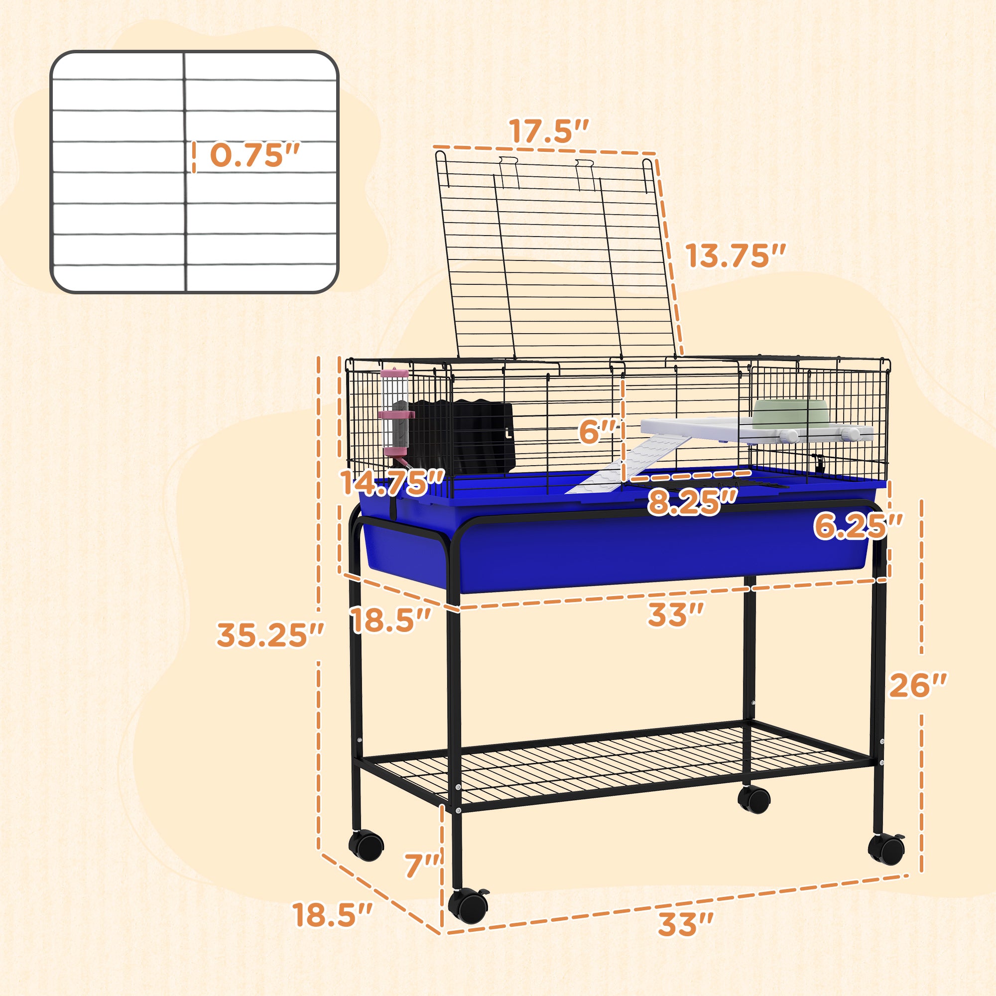 PawHut Two- Story Small Animal Cage Removable from Stand, Guinea Pig Cage, Hedgehog Cage, Chinchilla Cage, Ferret, with Shelf & Wheels, Pet Habitat, 33" x 18.5" x 35" , Blue