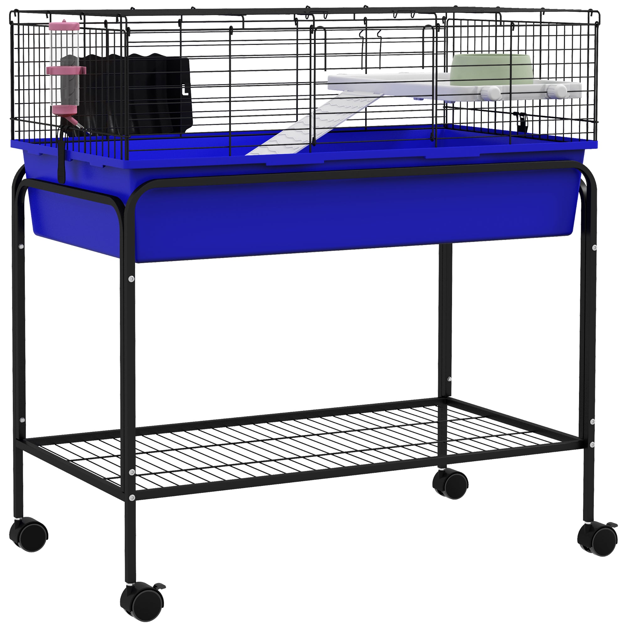 PawHut Two- Story Small Animal Cage Removable from Stand, Guinea Pig Cage, Hedgehog Cage, Chinchilla Cage, Ferret, with Shelf & Wheels, Pet Habitat, 33" x 18.5" x 35" , Blue