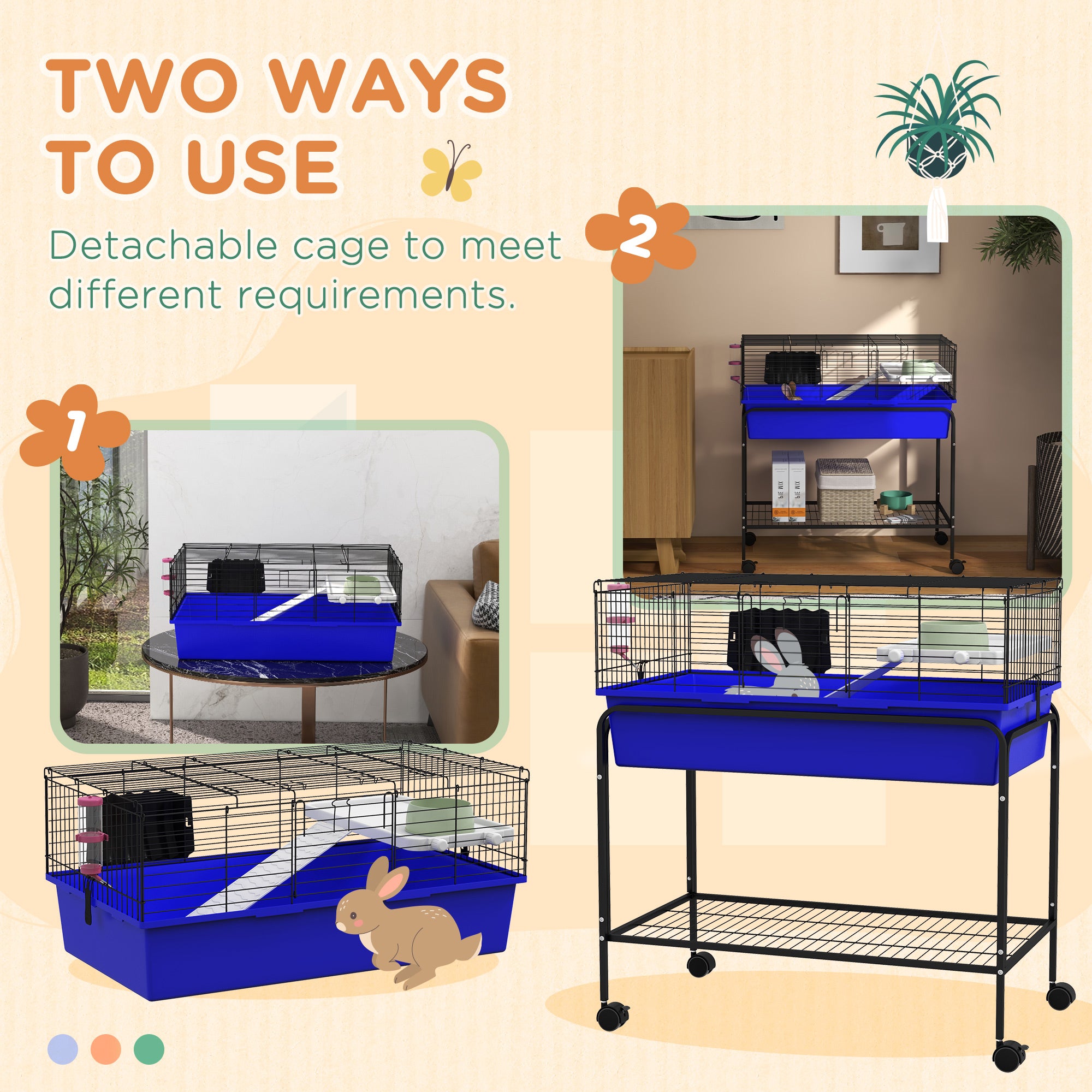 PawHut Two- Story Small Animal Cage Removable from Stand, Guinea Pig Cage, Hedgehog Cage, Chinchilla Cage, Ferret, with Shelf & Wheels, Pet Habitat, 33" x 18.5" x 35" , Blue