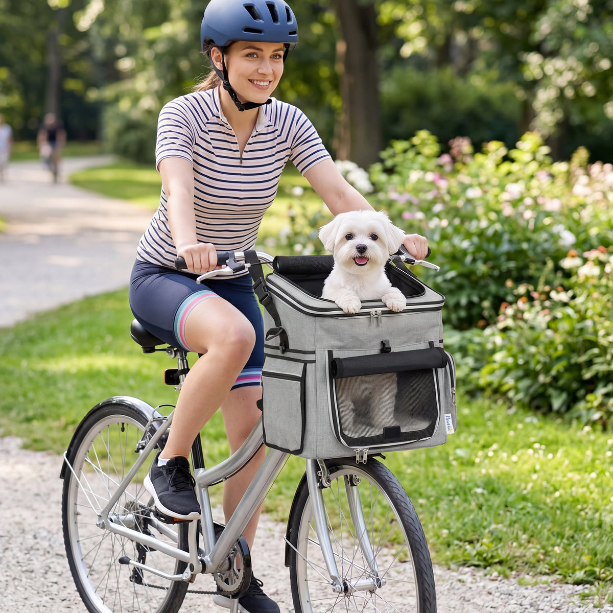 Dog Bike Basket, Soft-Sided Pet Carrier with Security Leash, Mesh Door & Window, Plush Cushion, Bowl for Small Dogs Cats, Up to 5 kg, Portable Breathable, Light Grey