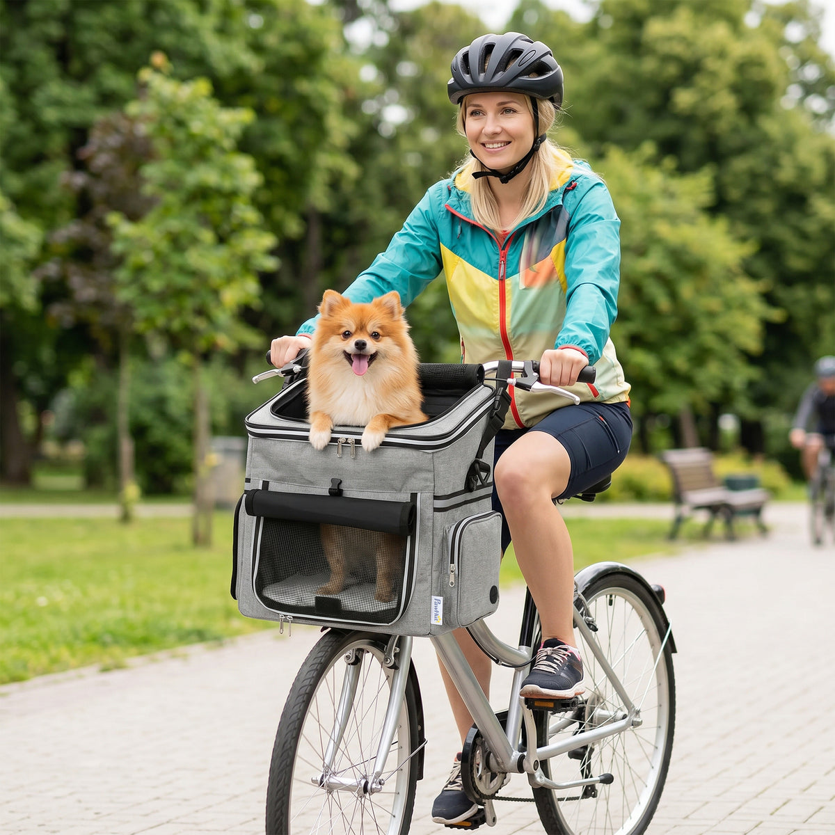 Dog Bike Basket, Soft-Sided Pet Carrier with Security Leash, Mesh Door & Window, Plush Cushion, Bowl for Small Dogs Cats, Up to 5 kg, Portable Breathable, Light Grey