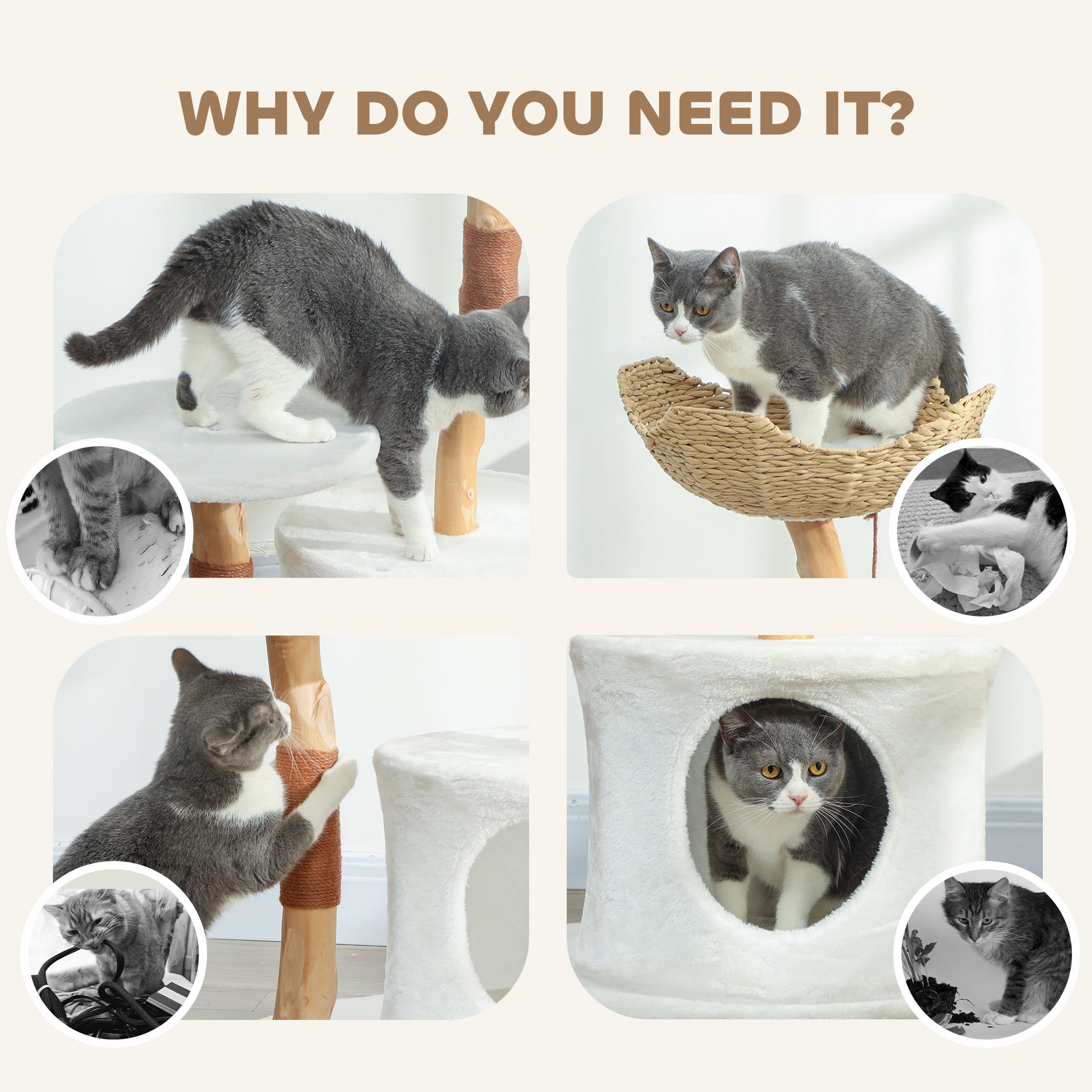Modern Real Wood Cat Tree, [40"=102CM] Cat Tree for Indoor Large Adult Kittens, Cat Tower with Sisal Scratching Posts, Condo, Perch, Plush Washable Cushion, White