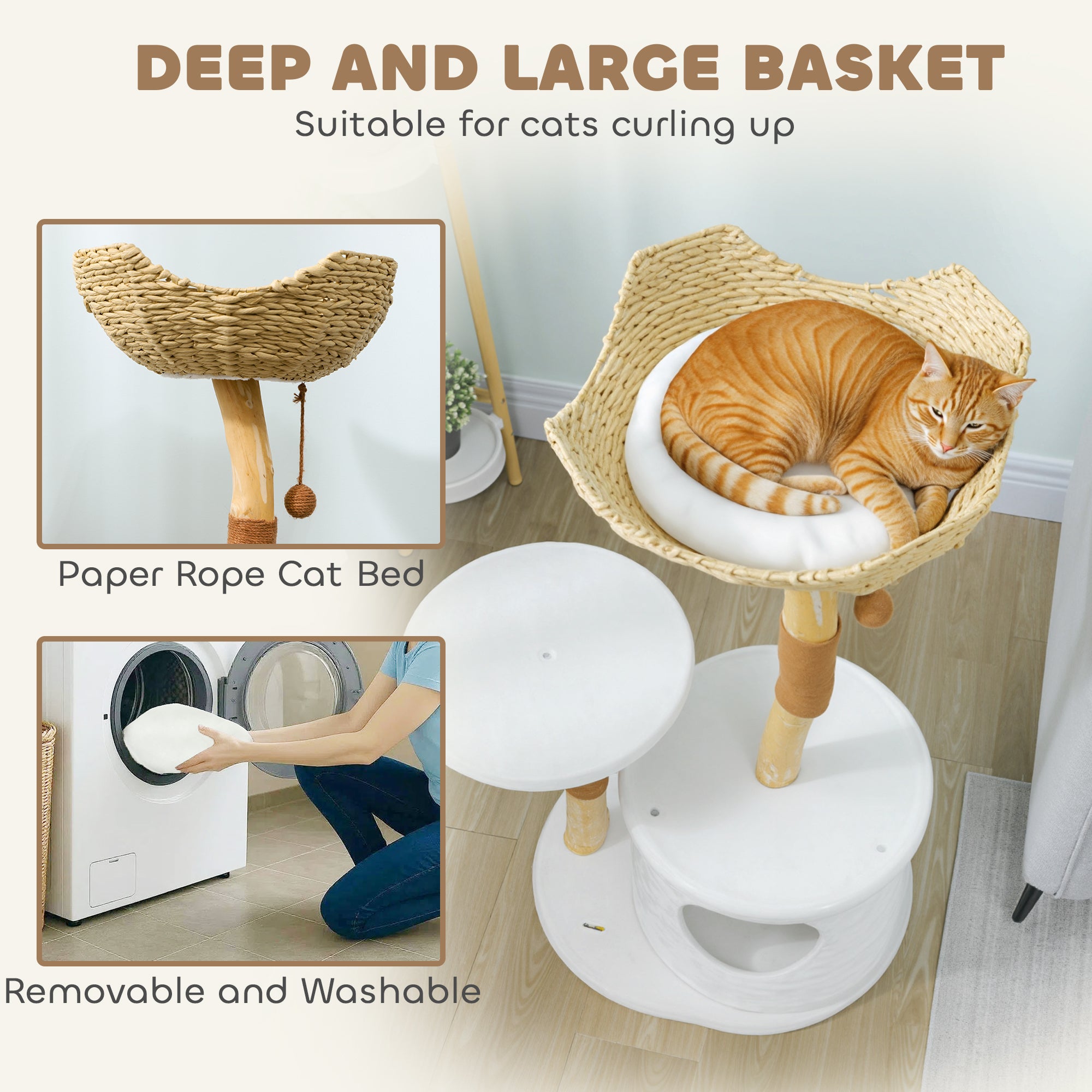 Modern Real Wood Cat Tree, [40"=102CM] Cat Tree for Indoor Large Adult Kittens, Cat Tower with Sisal Scratching Posts, Condo, Perch, Plush Washable Cushion, White