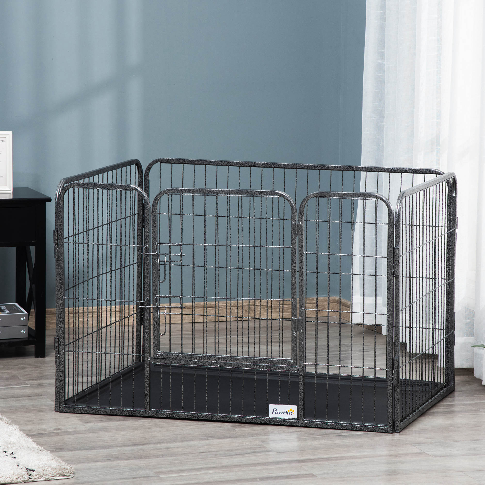 4 Panels Dog Playpen, Heavy Duty Dog Fence, 28" H Portable Pet Playpen with Door Double Locking Latches, No Leaking Tray for Indoor Outdoor Backyard Garden, Grey