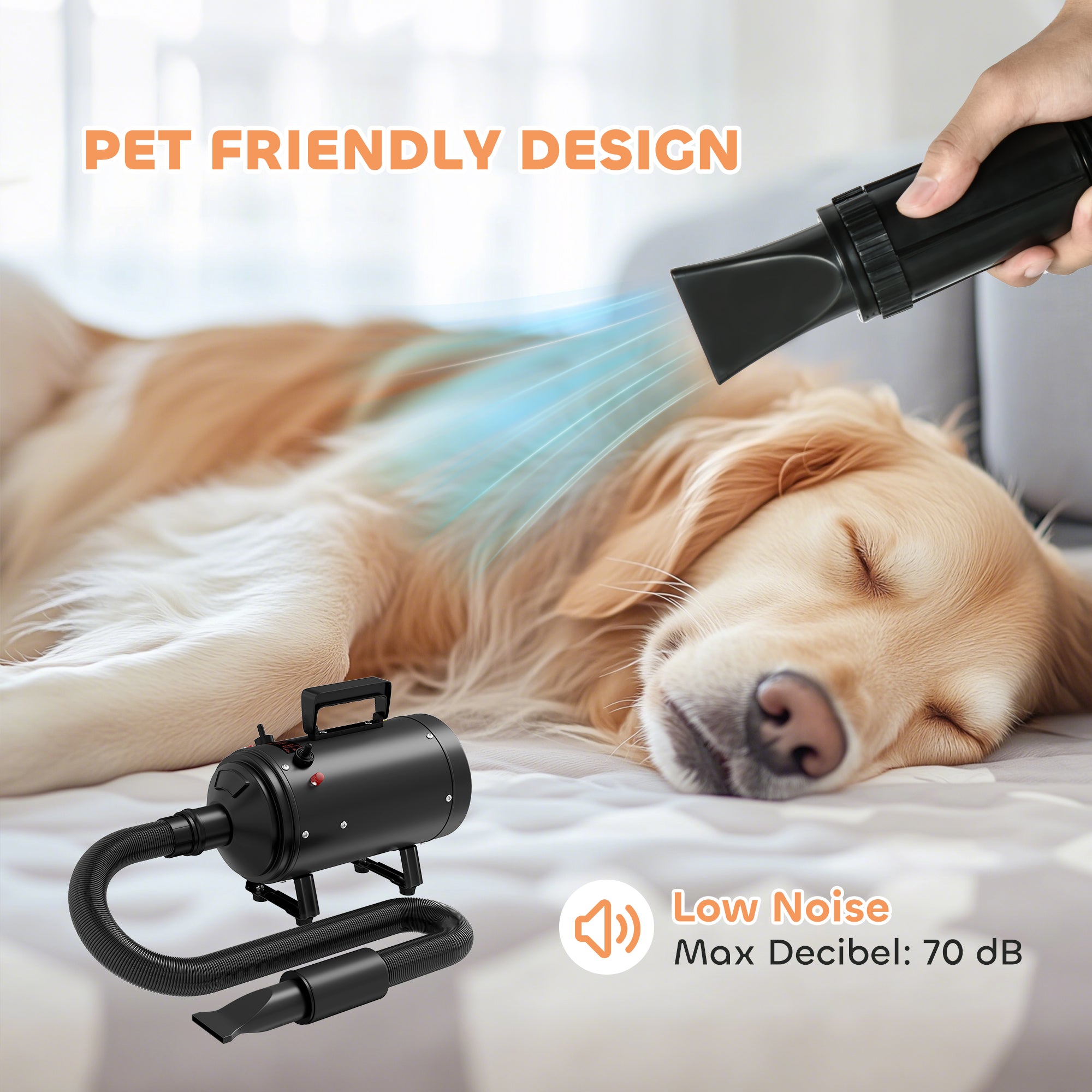 Dog Hair Dryer, 2200W Pet Grooming Hair Dryer with Adjustable Temperature & Velocity, Professional Low Noise Dog Blaster with 3 Different Nozzles, Black