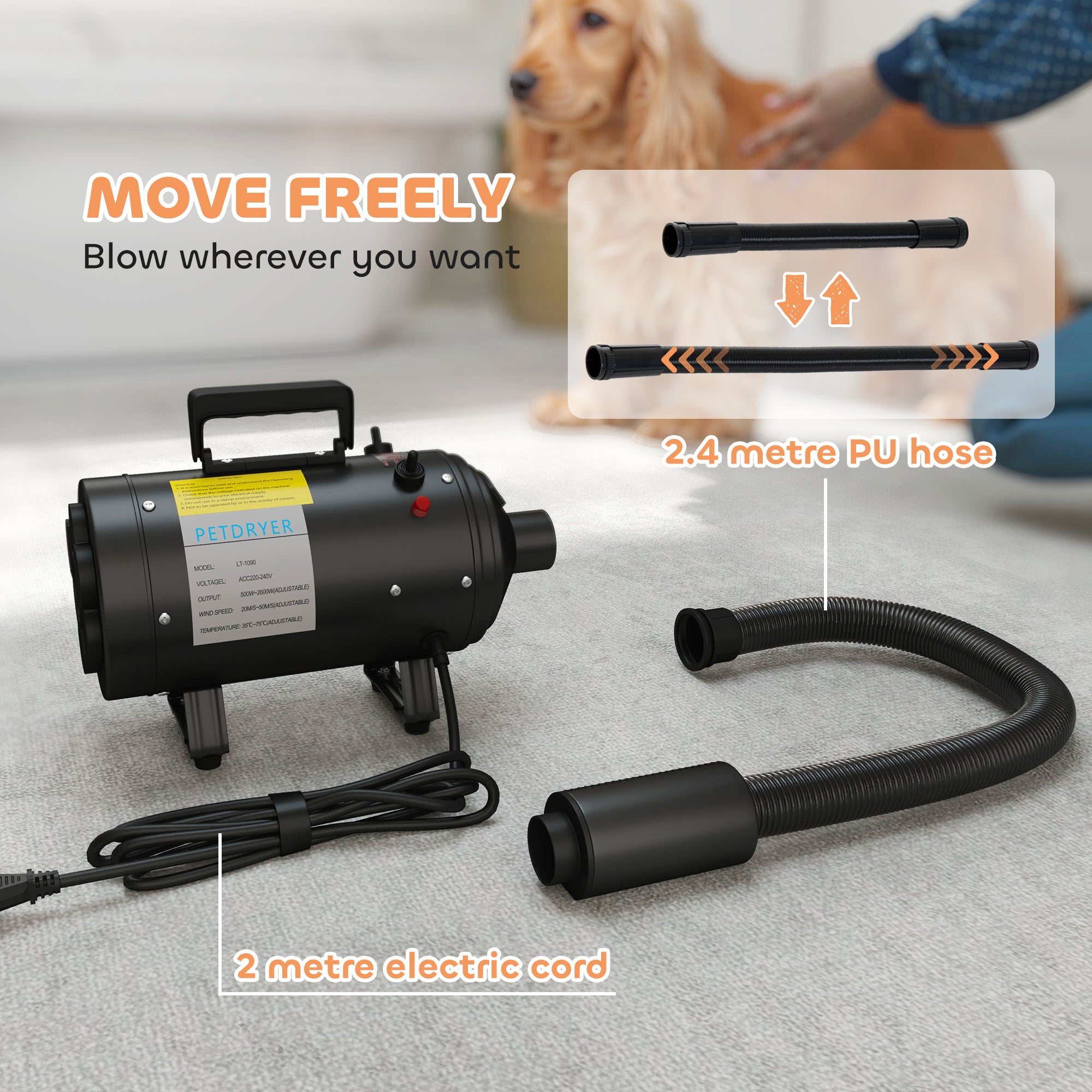 Dog Hair Dryer, 2200W Pet Grooming Hair Dryer with Adjustable Temperature & Velocity, Professional Low Noise Dog Blaster with 3 Different Nozzles, Black