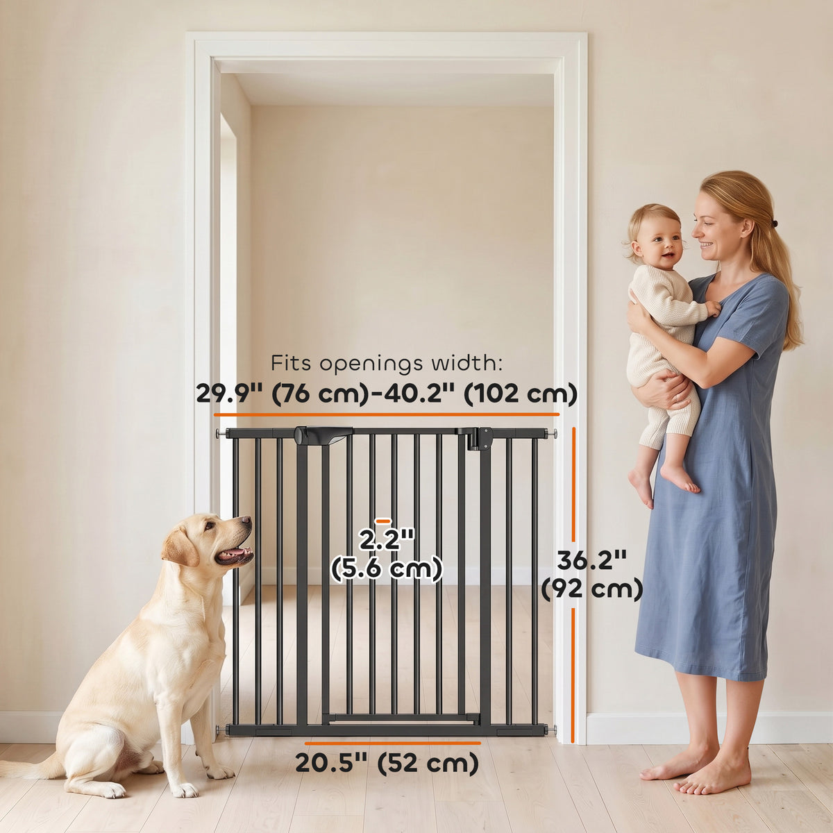 Baby Gate, 30"-32", 33"-35", 35"-37", 38"-40"W Pet Gate with Auto-Close, Two-Way Open, Pressure Mounted for Stair, Doorways and Hallways, 36"H, Black