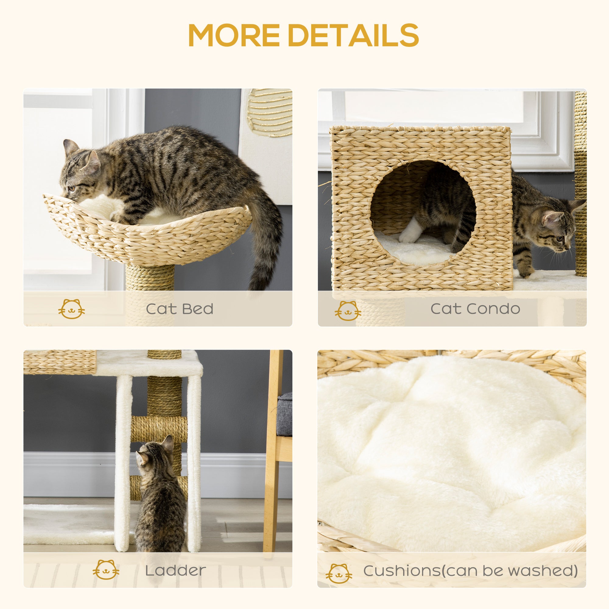 Flower Cat Tree for Indoor Cats Kitten Tower Cattail Weave with Scratching Posts, Cat House, Bed, Ladder, Washable Cushions, 57 x 37 x 100.5 cm - Natural Finish