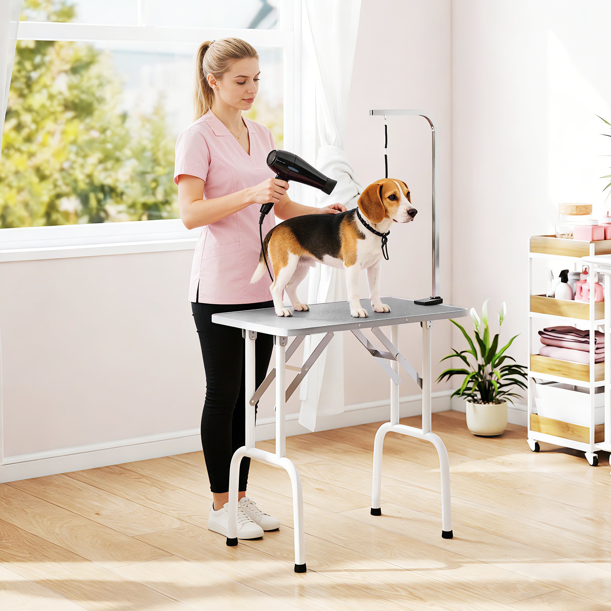 32in Foldable Dog Grooming Table for Small Medium Dogs, Pet Grooming Table for Cats Puppies with Adjustable Arm, Noose and Non-Slip Surface, Grey