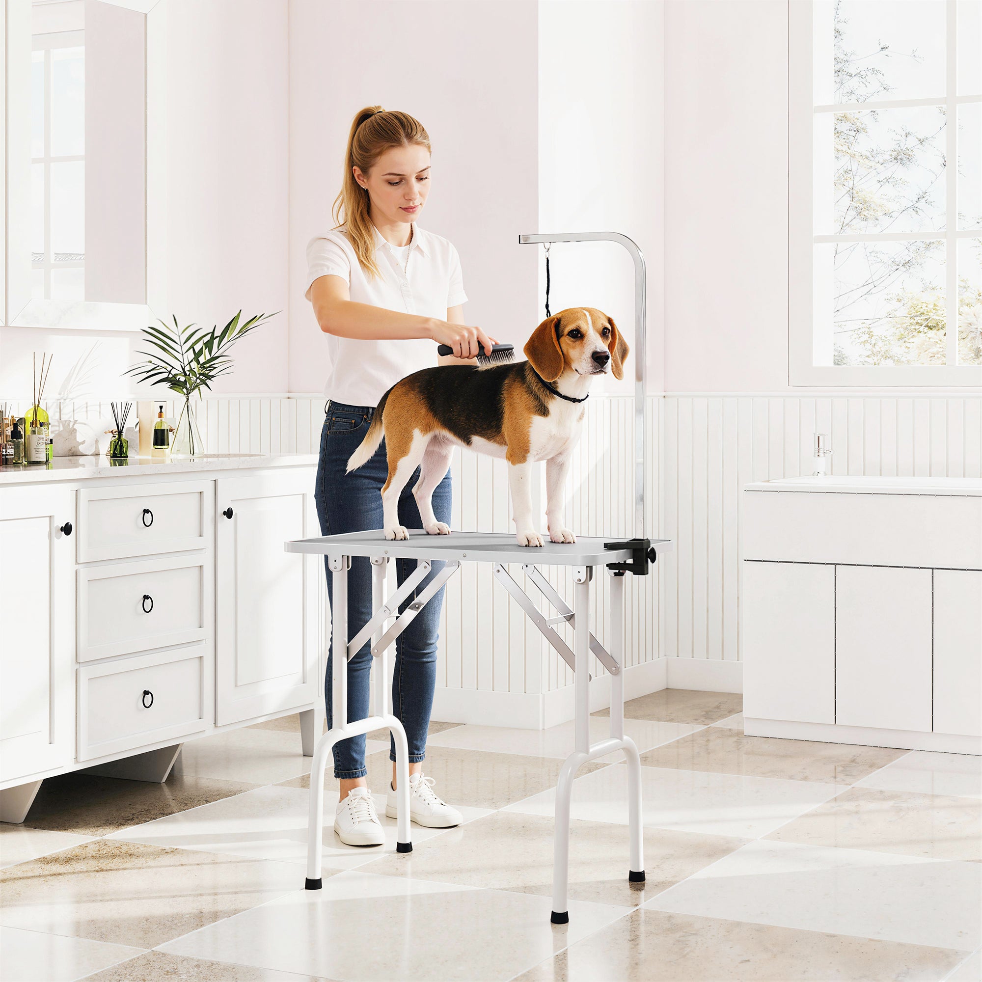 32in Foldable Dog Grooming Table for Small Medium Dogs, Pet Grooming Table for Cats Puppies with Adjustable Arm, Noose and Non-Slip Surface, Grey