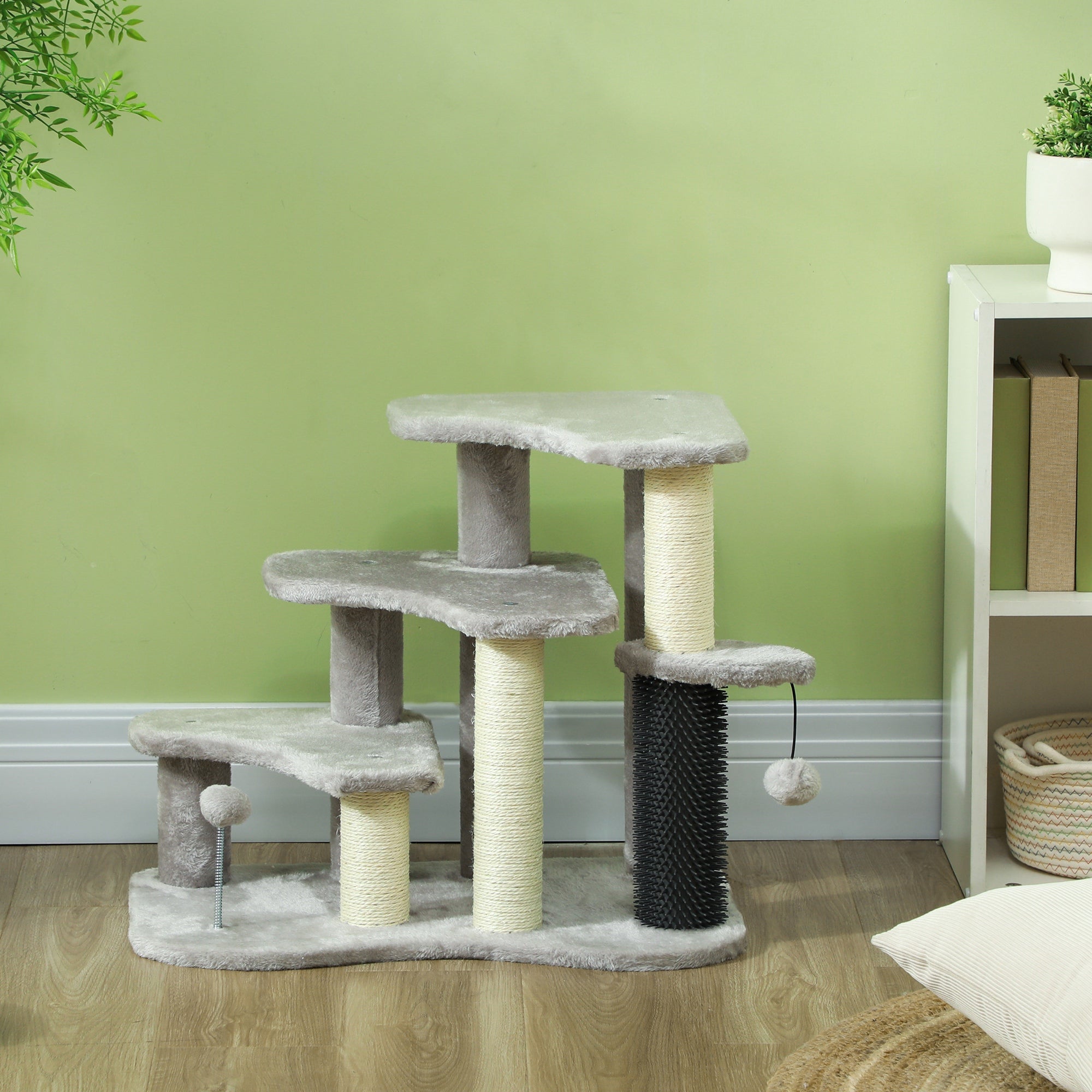 20" Pet Stairs for Cats, 2 in 1 Cat Tree Tower 3-Step Cat Steps with Scratching Posts, Tickling Post, Toy Balls, for High Beds, Couch, Sofa, Light Gray