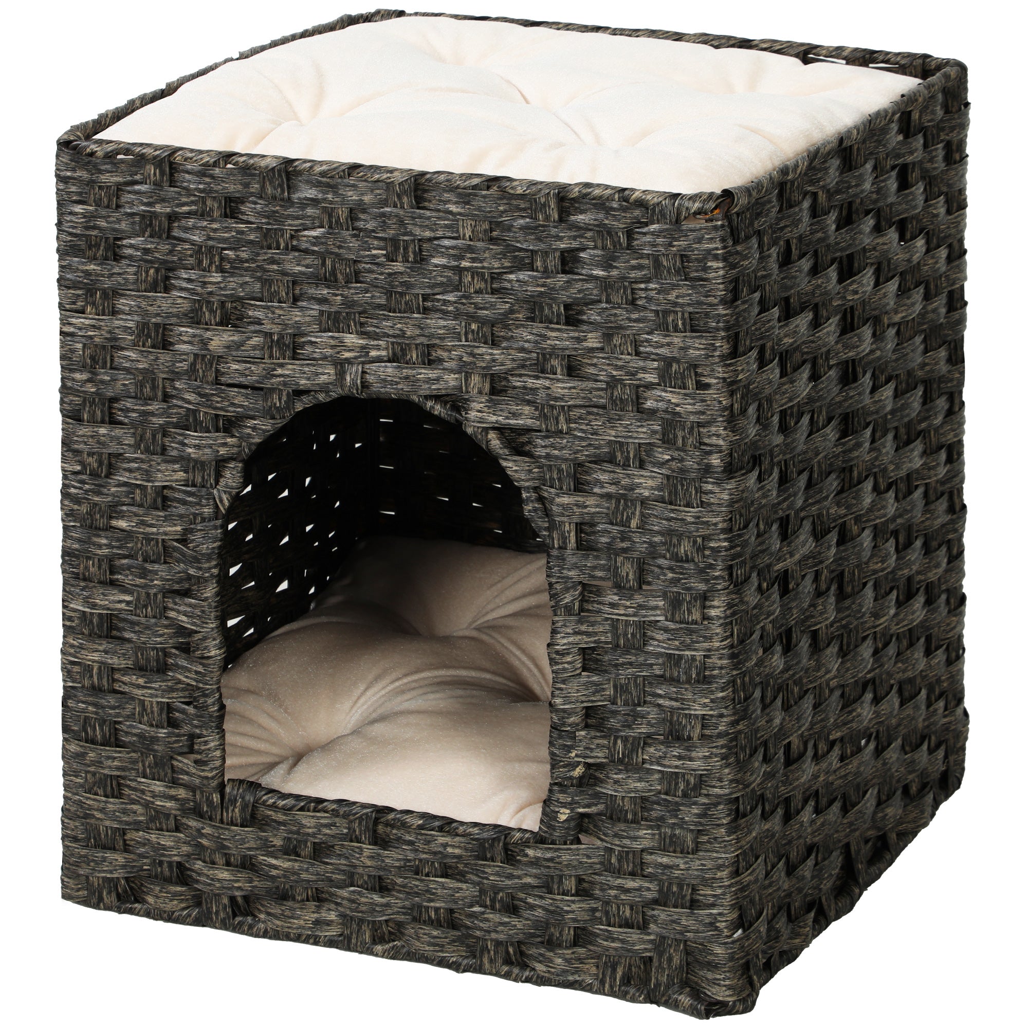 2-Tier Wicker Cat House, Handwoven Rattan Cat Bed with Washable Cushions, Indoor Kitten Condo Hideaway, 43 x 40 x 49 cm, Grey