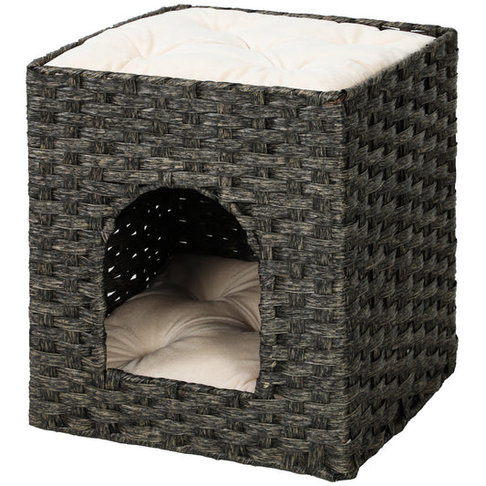 2-Tier Wicker Cat House, Handwoven Rattan Cat Bed with Washable Cushions, Indoor Kitten Condo Hideaway, 43 x 40 x 49 cm, Grey
