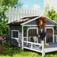Load image into Gallery viewer, PawHut Dog House Outdoor, Wooden Dog Kennel Weatherproof with Porch, Double Room, Openable Roof, Removable Bottom, Elevated Floor, for Small to Medium Dogs, Gray
