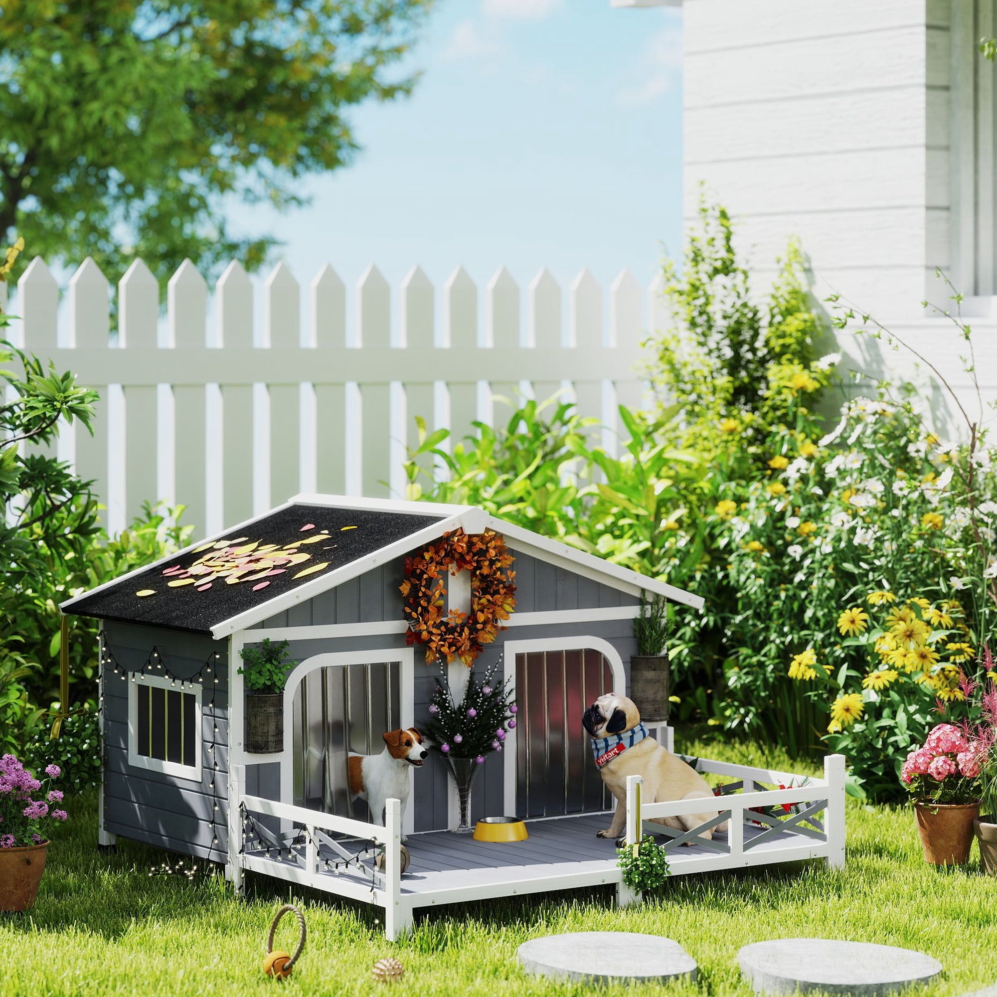 PawHut Dog House Outdoor, Wooden Dog Kennel Weatherproof with Porch, Double Room, Openable Roof, Removable Bottom, Elevated Floor, for Small to Medium Dogs, Gray