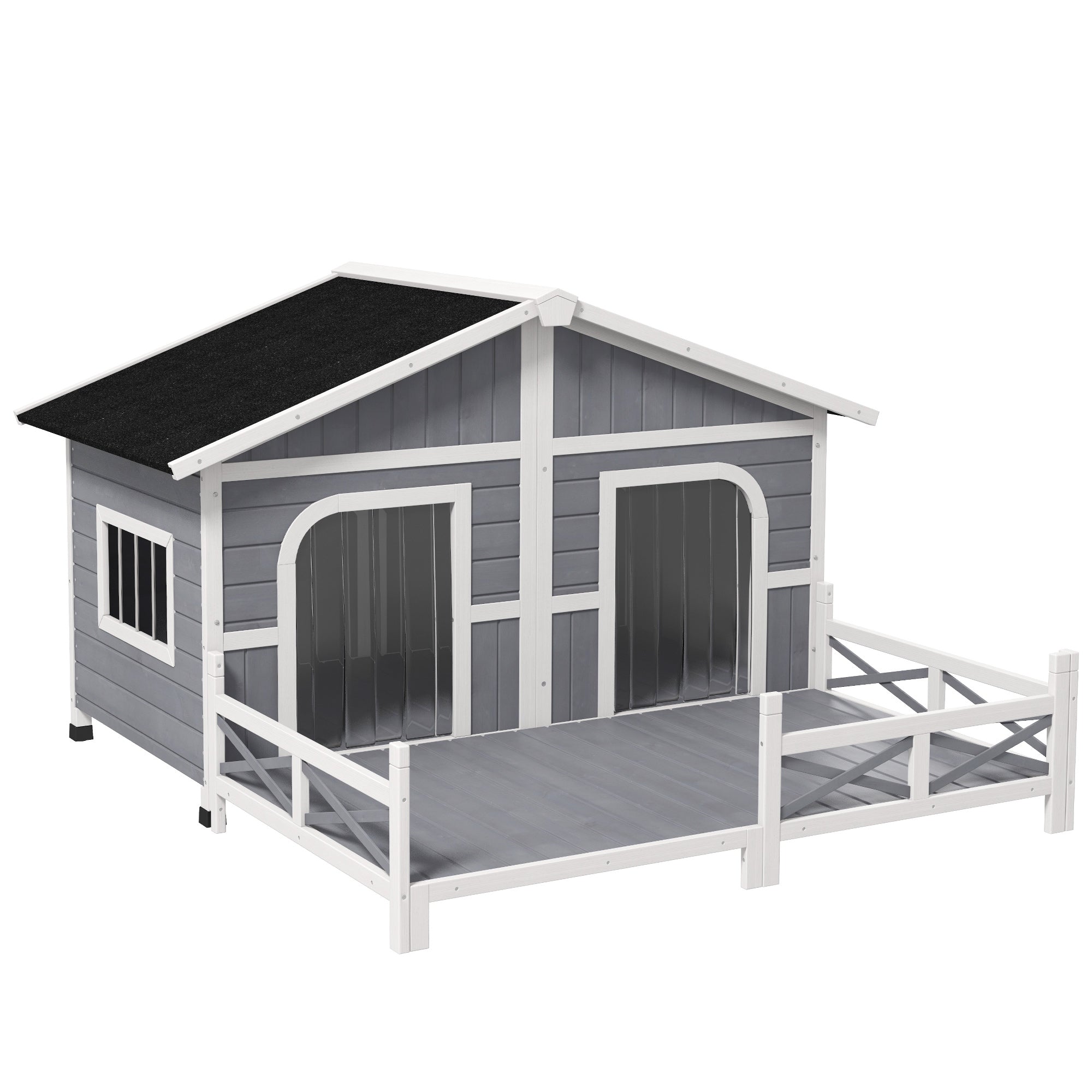 PawHut Dog House Outdoor, Wooden Dog Kennel Weatherproof with Porch, Double Room, Openable Roof, Removable Bottom, Elevated Floor, for Small to Medium Dogs, Gray