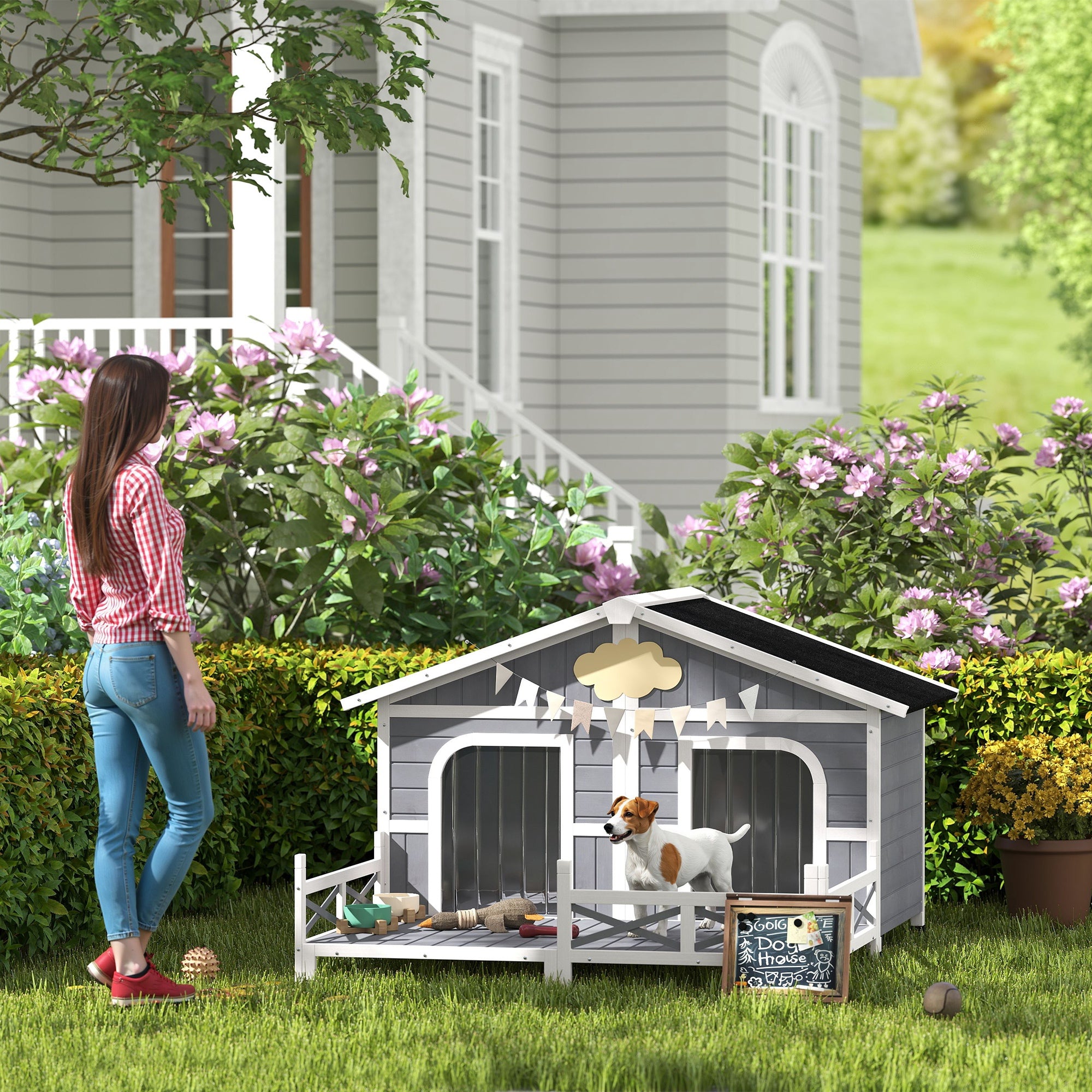 PawHut Dog House Outdoor, Wooden Dog Kennel Weatherproof with Porch, Double Room, Openable Roof, Removable Bottom, Elevated Floor, for Small to Medium Dogs, Gray
