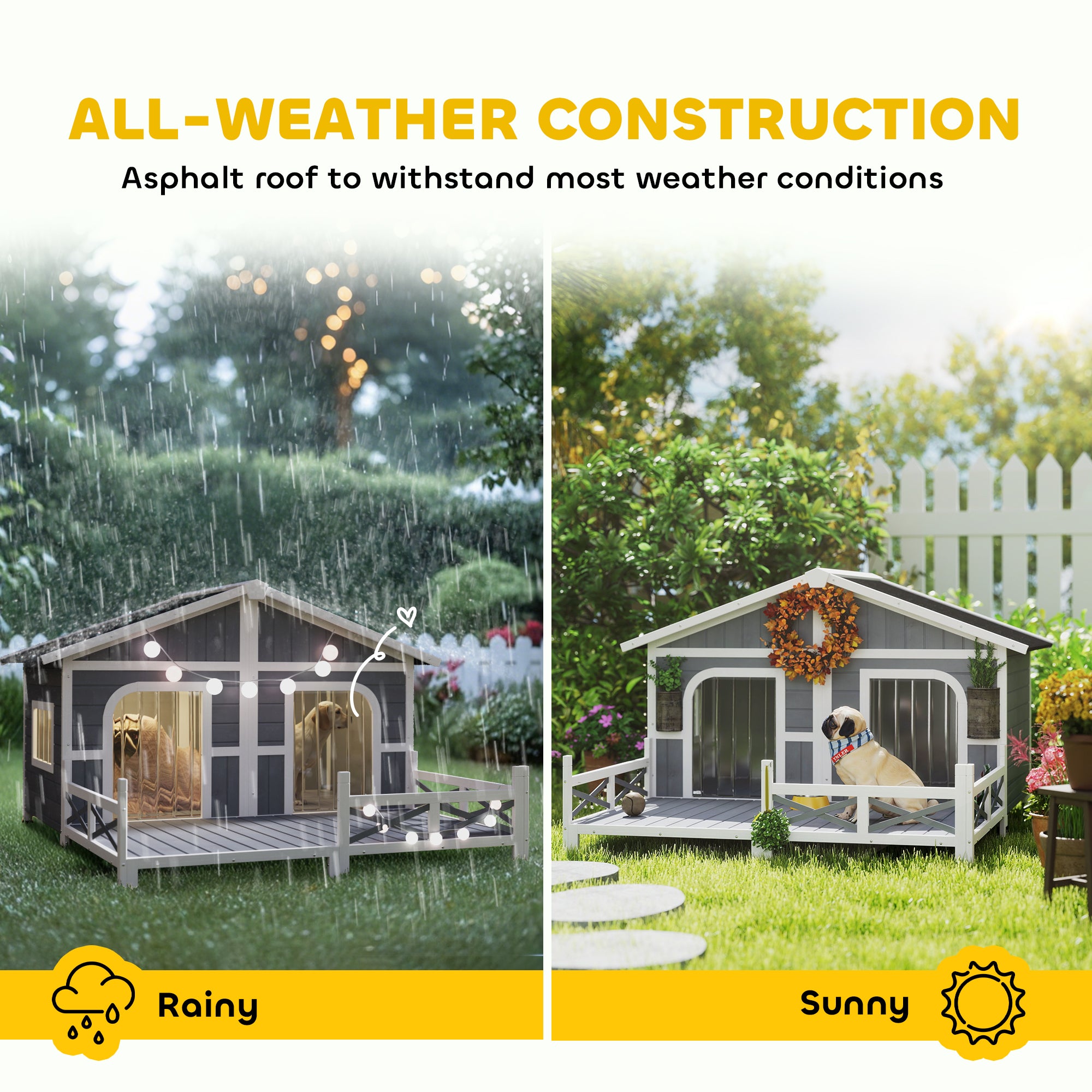 PawHut Dog House Outdoor, Wooden Dog Kennel Weatherproof with Porch, Double Room, Openable Roof, Removable Bottom, Elevated Floor, for Small to Medium Dogs, Gray