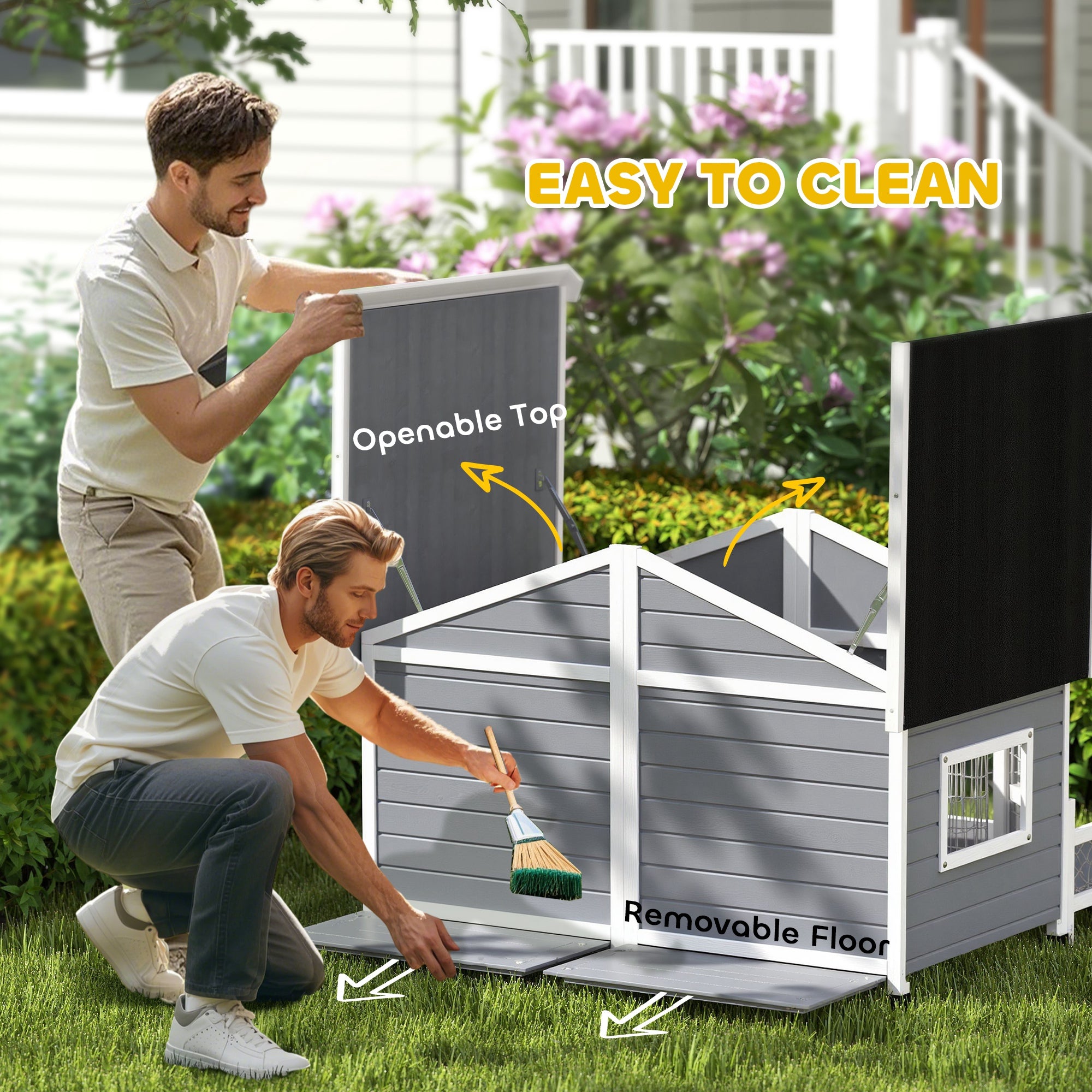 PawHut Dog House Outdoor, Wooden Dog Kennel Weatherproof with Porch, Double Room, Openable Roof, Removable Bottom, Elevated Floor, for Small to Medium Dogs, Gray