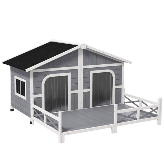 Dog House Outdoor, Extra Large Luxury Elevated Pet Bed for 2 Small Medium Dogs, Waterproof Dog Shelter with Porch Deck, 59" x 64" x 39", Grey