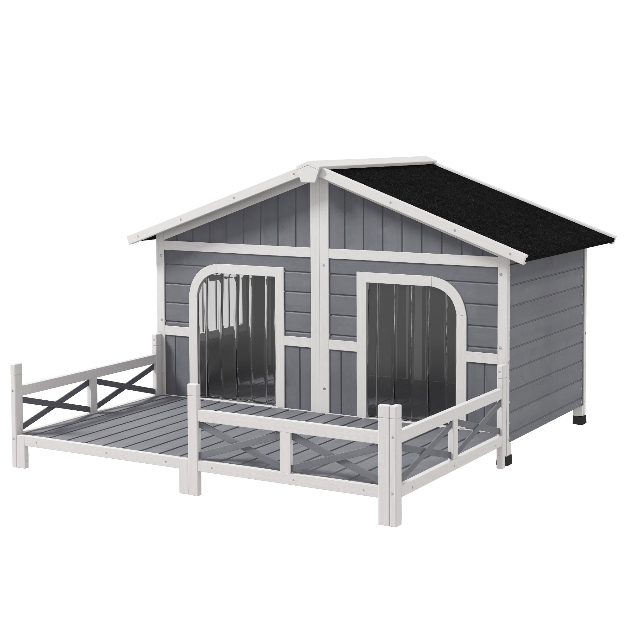 PawHut Dog House Outdoor, Wooden Dog Kennel Weatherproof with Porch, Double Room, Openable Roof, Removable Bottom, Elevated Floor, for Small to Medium Dogs, Gray