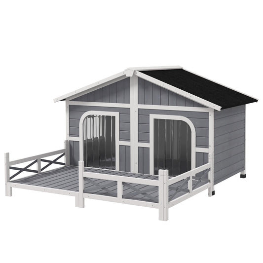 Dog House Outdoor, Extra Large Luxury Elevated Pet Bed for 2 Small Medium Dogs, Waterproof Dog Shelter with Porch Deck, 59" x 64" x 39", Grey