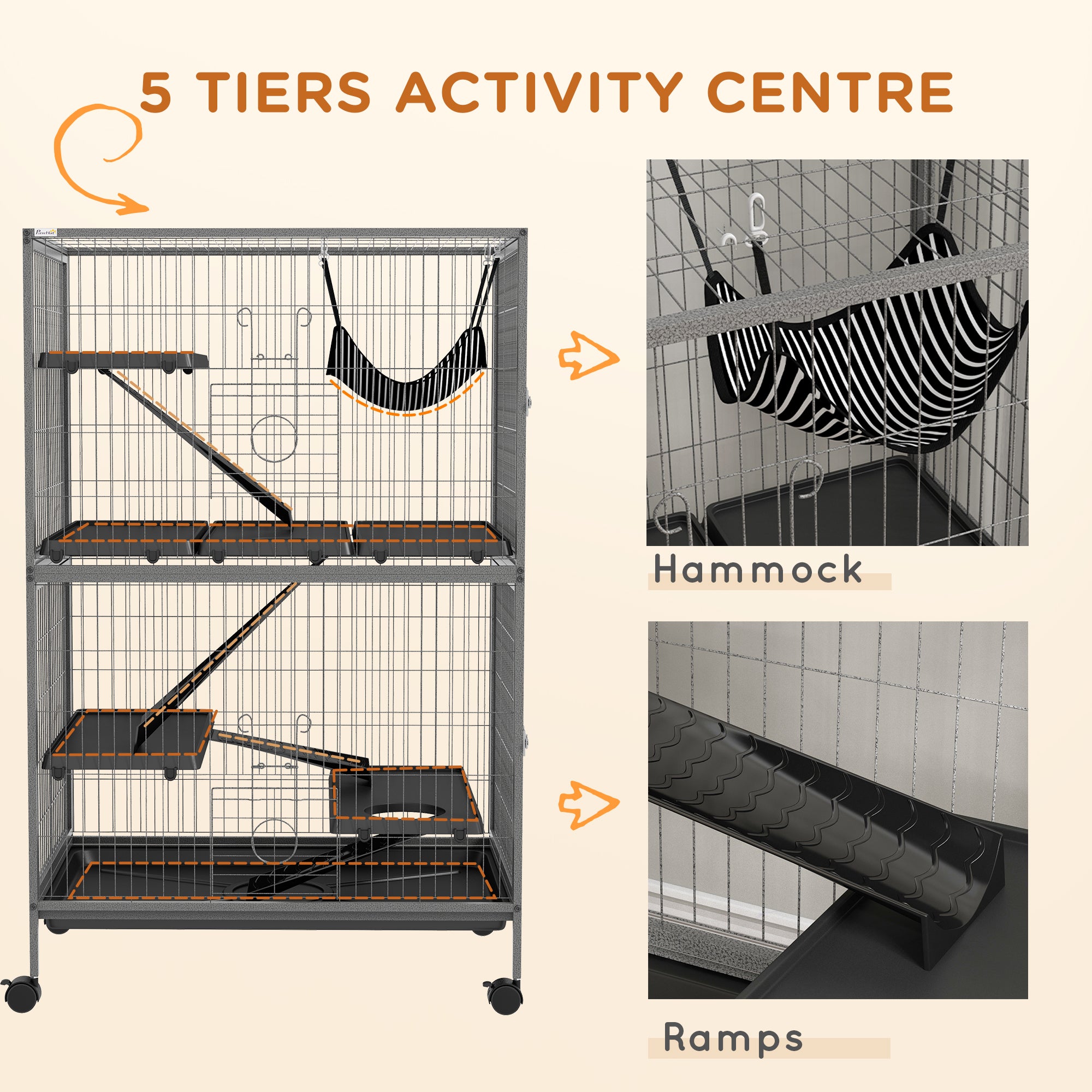 5-Tier Rolling Small Animal Cage, Deluxe Guinea Pig Cage, Ferret Cage for Mink Chinchilla Kitten Rabbit, Small Pet Play House with Hammock Platform, Ramp, Tray, Grey
