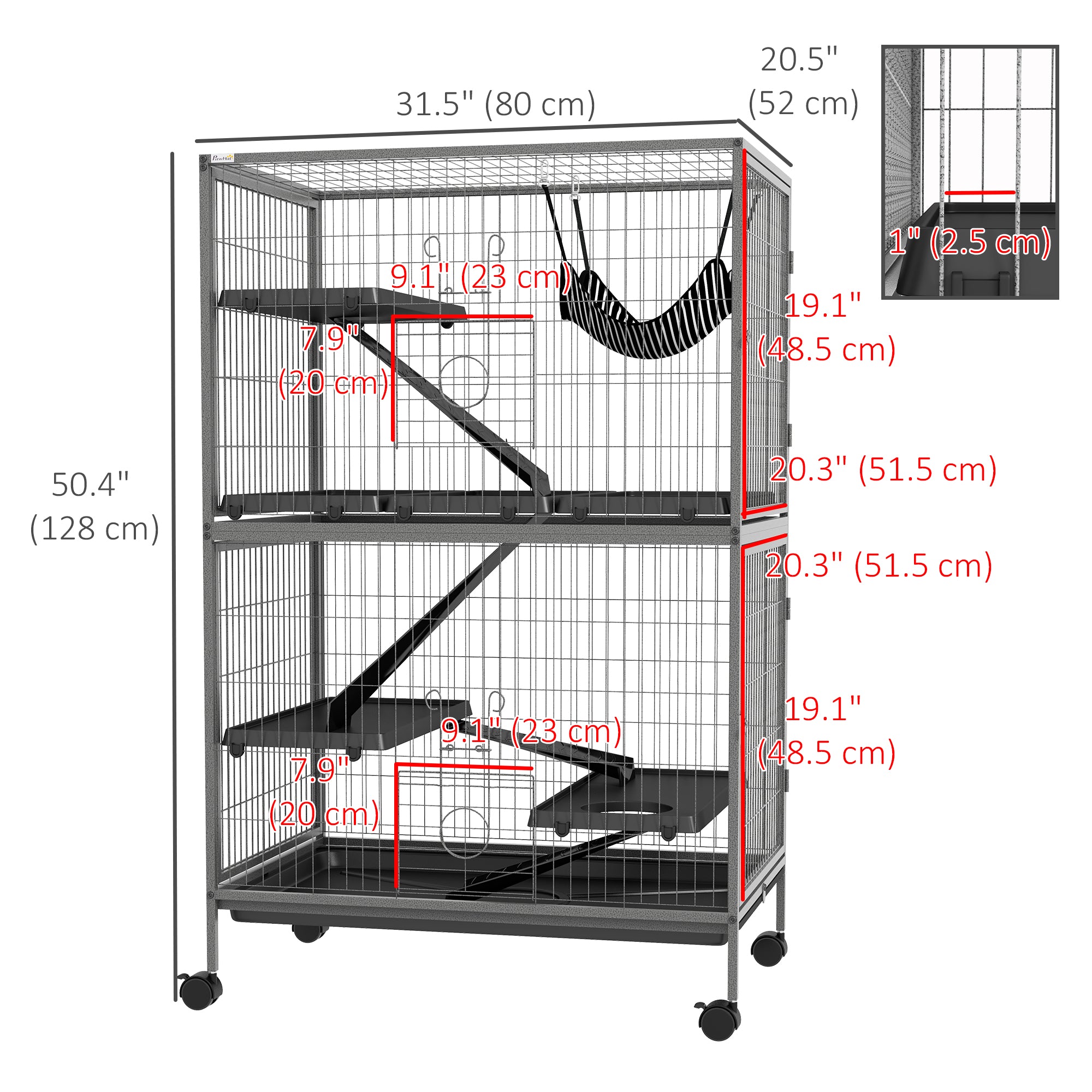 5-Tier Rolling Small Animal Cage, Deluxe Guinea Pig Cage, Ferret Cage for Mink Chinchilla Kitten Rabbit, Small Pet Play House with Hammock Platform, Ramp, Tray, Grey
