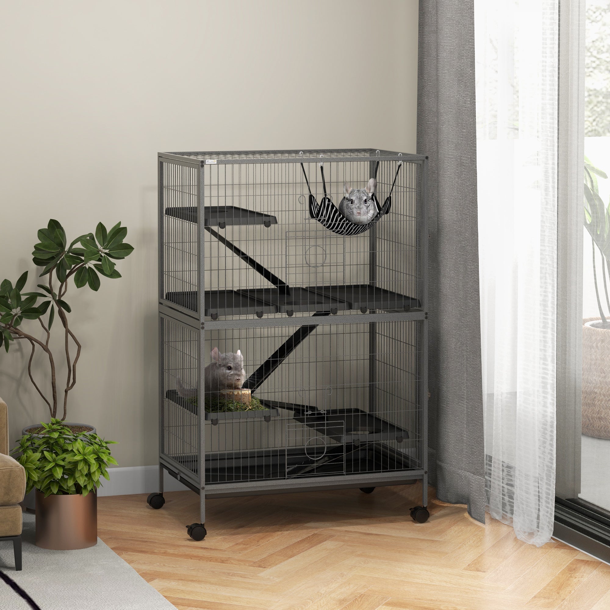 5-Tier Rolling Small Animal Cage, Deluxe Guinea Pig Cage, Ferret Cage for Mink Chinchilla Kitten Rabbit, Small Pet Play House with Hammock Platform, Ramp, Tray, Grey