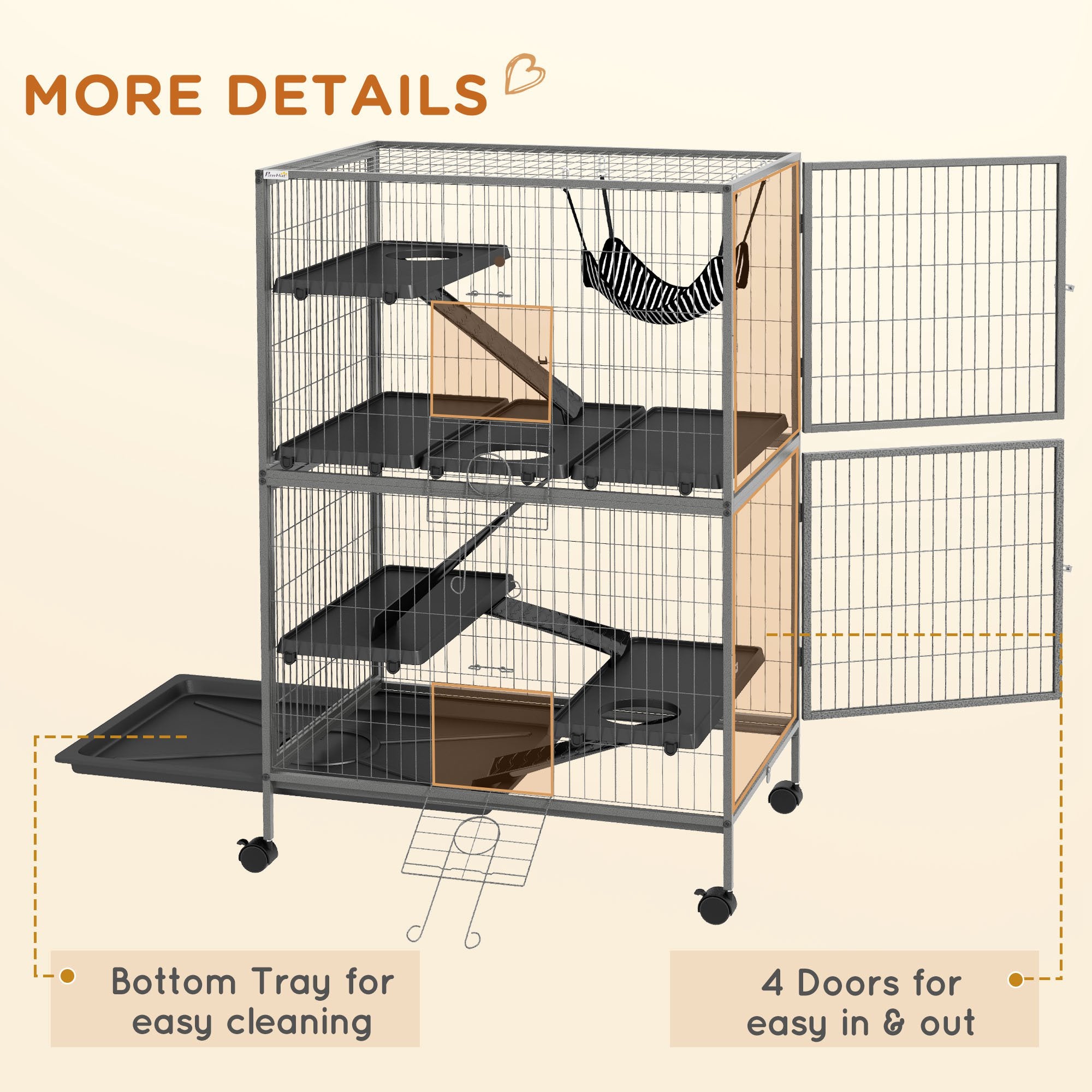 5-Tier Rolling Small Animal Cage, Deluxe Guinea Pig Cage, Ferret Cage for Mink Chinchilla Kitten Rabbit, Small Pet Play House with Hammock Platform, Ramp, Tray, Grey