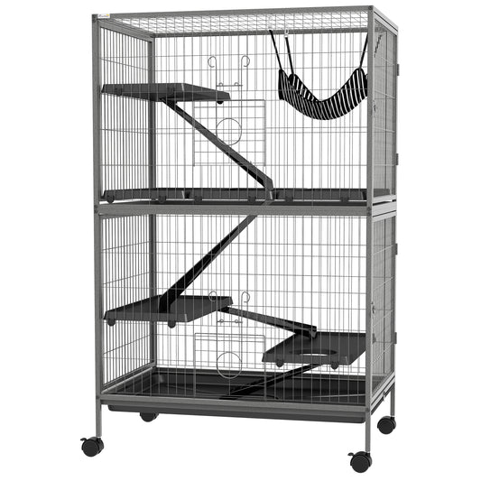 5-Tier Rolling Small Animal Cage, Deluxe Guinea Pig Cage, Ferret Cage for Mink Chinchilla Kitten Rabbit, Small Pet Play House with Hammock Platform, Ramp, Tray, Grey