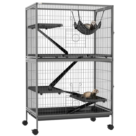 5-Tier Rolling Small Animal Cage, Deluxe Guinea Pig Cage, Ferret Cage for Mink Chinchilla Kitten Rabbit, Small Pet Play House with Hammock Platform, Ramp, Tray, Grey