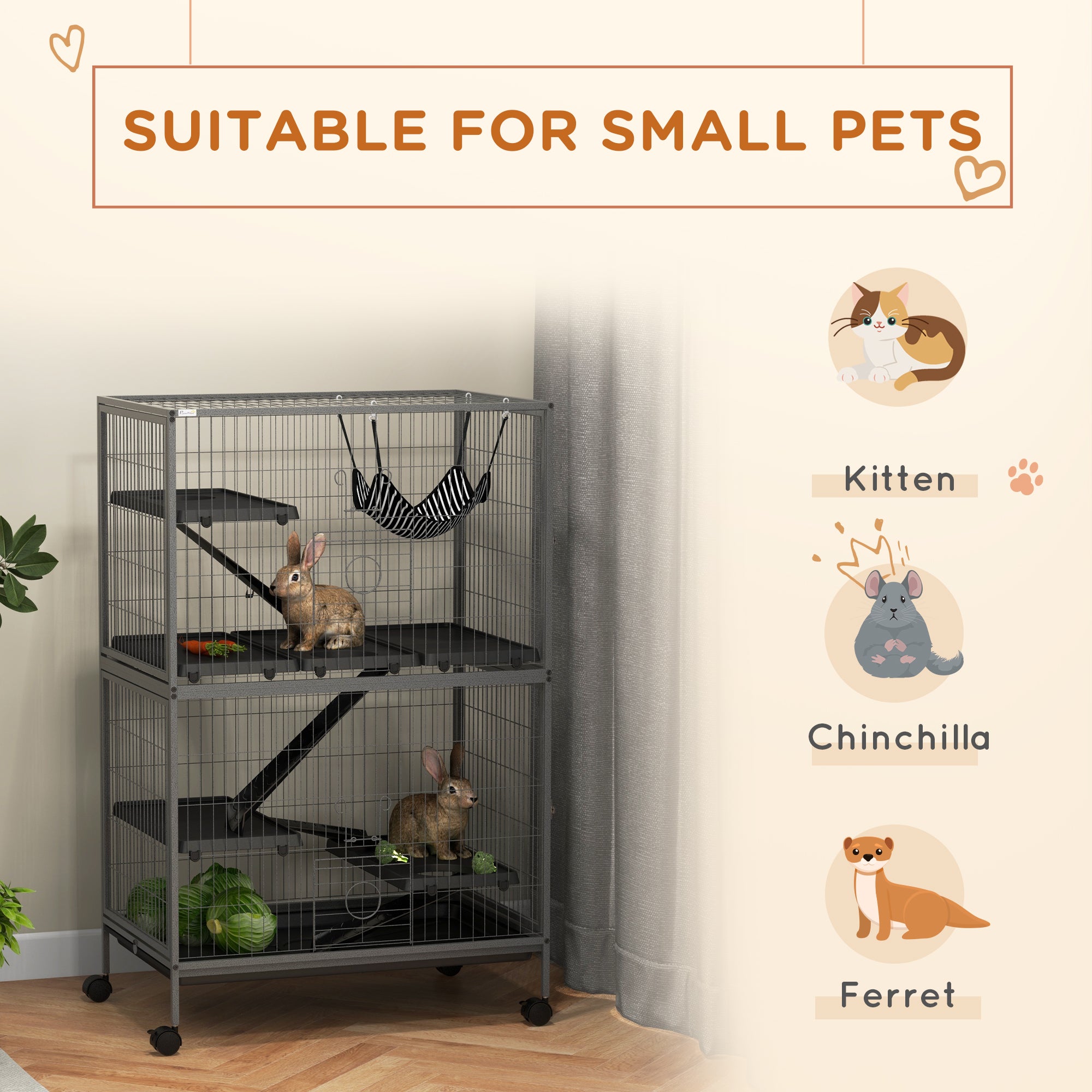 5-Tier Rolling Small Animal Cage, Deluxe Guinea Pig Cage, Ferret Cage for Mink Chinchilla Kitten Rabbit, Small Pet Play House with Hammock Platform, Ramp, Tray, Grey